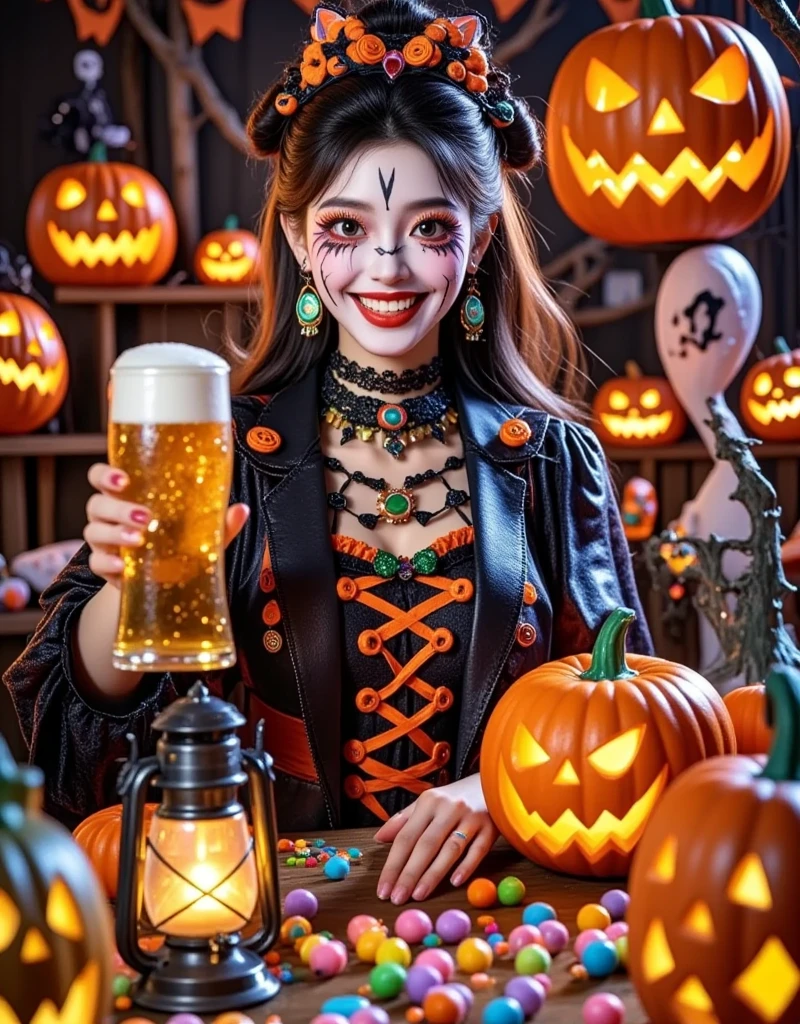 In a vibrant Hong Kong bar, a group of mischievous ghosts and a Hong Kong man gather to raise their glasses in a toast. The atmosphere is electric with Halloween revelry, as they savor the crisp taste of Asahi Japanese beer. The Pixar-inspired scene bursts with Ultra-detailed masterpieces: candles flicker, lanterns glow, and jack-o'-lantern smiles playfully amidst cobweb-covered decorations. Spirits mingle, laughing and chatting as the bartender expertly crafts a bewitching brew. Display Aaahi beer prominently