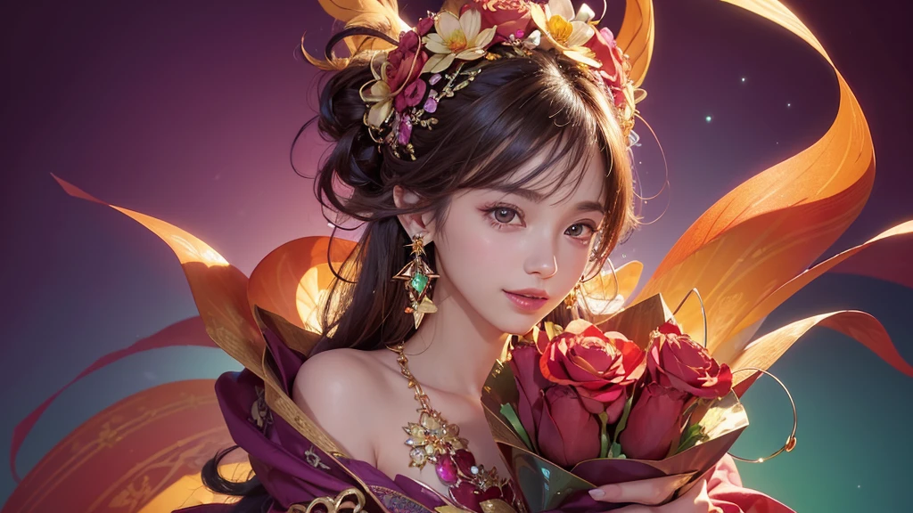 32K, 最高quality, 最高masterpiece, (ultra-Detailed Background, Detailed Background), High resolution, Super detailed, Very detailedな, One girl, (bouquet:1.3), (Tangled:1.2), (Geometric:1.2),(colorful),(masterpiece, quality, best quality, Official Art, Beautiful and beautiful:1.2), (1 girl:1.3), Very detailed,(colorful:1.1)(Flowers:1.3),Most detailed,(Tangled:1.2), whole body, (Abstract background:1.3), (Skin glows), (Many colors:1.4), ,(Earrings Jewelry:1.5), Pale Red Background,