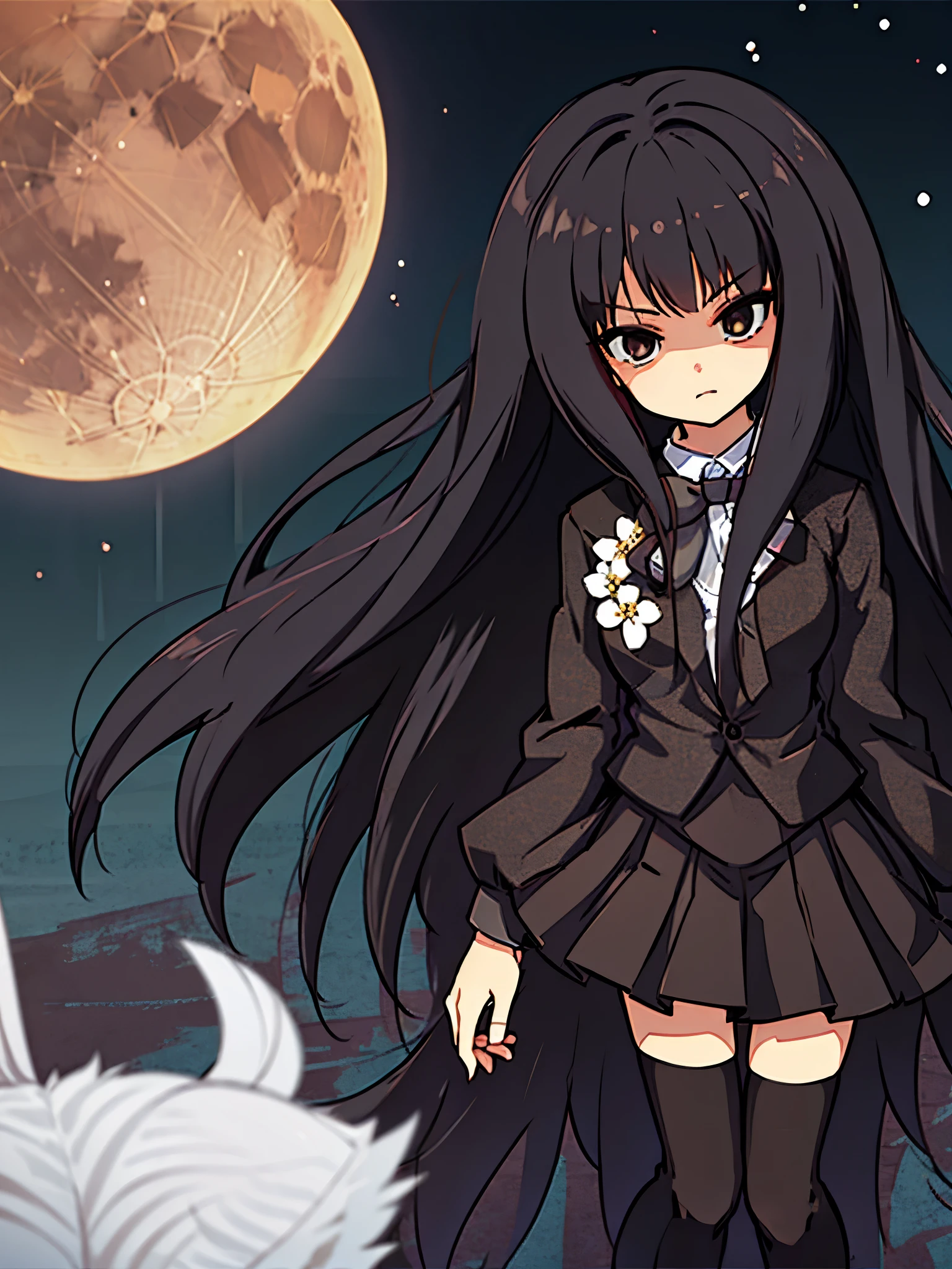 Beautiful girl, long black hair, dark eyes, wearing a brown blazer, winter school uniform, dark brown ribbon, looking at the viewer with a stern expression on a moon night, anime style, intricate details, line:-3.5, hyper detailed, sharpen, 16k, plain, masterpiece, intense gaze, dark eyelashes, slightly hanging eyes, (black penny loafers), (black stockings), black skirt,
