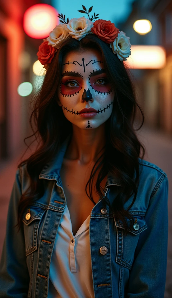 a surreal beautiful woman with a detailed skull face, ((smiling)) long black hair, piercing eyes, delicate facial features, elegant neck, wearing a black sheer lace dress, Sexy curvy voluptuous hourglass body. Her large breasts protrude from her cleavage. Sexy tattoos on boobs. standing in a vibrant colors party at night with glowing fireflies, cinematic lighting, dark moody colors, highly detailed, digital painting, concept art, photorealistic.