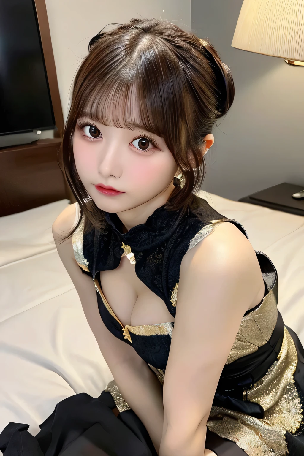 Masterpiece,best quality,high quality,detailed,ultra detailed.4K/8k,Full-HD,high resolution１gitl, medium(Whiting hair 、Brown Hair、 Japanese idol in her 20s、Plump Cheeks、Natural eyelashes 、chinese bun black short hair,bun cover,china dress, long dress,tight mini skirt, gold decoration dress, sleeveless, ultra detailed dress,cleavage, cleavage cutout, clothing cutout,whole body、Sitting with Knees Up on bed, spread legs