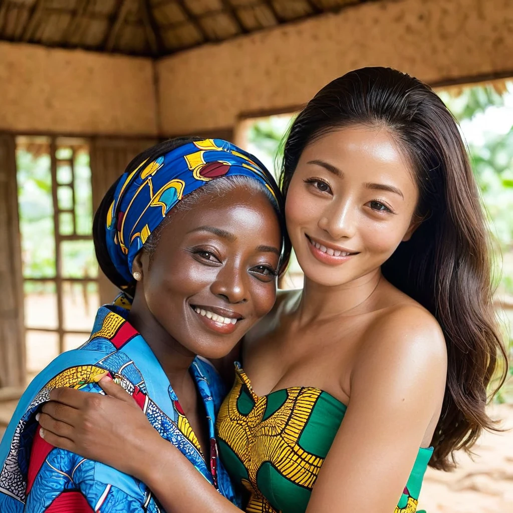 Ishihara Satomi, a Ghanaian woman with dark brown skin, became the wife of an elderly village elder and spent her whole life as a black Ghanaian wife、The woman is hugging and kissing an elderly village elder、((Best Quality)), ((masterpiece)), ( Details), （ perfect face）, The dark-brown-skinned woman is Ishihara Satomi, a Ghanaian with excellent proportions and big breasts, is thoroughly educated in a Ghanaian village and is completely finished physically and mentally as a Ghanaian woman with Ghanaian folk costumes and accessories, and her hair is tied in blazes、A black woman with dark brown skin smiles gently 