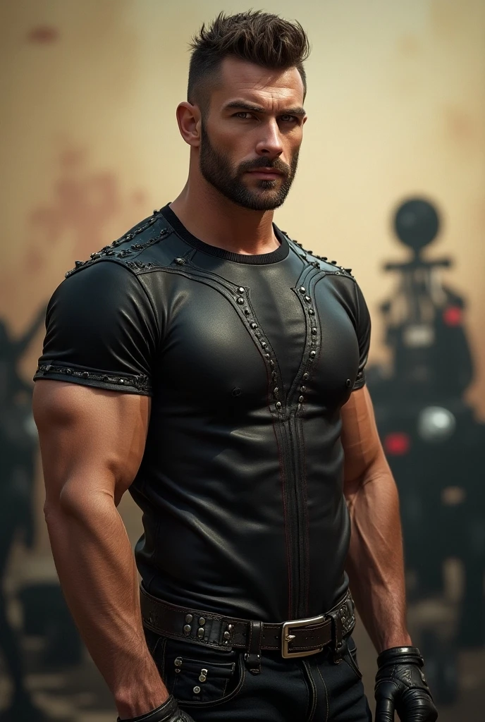 Sweaty, muscular man in leather armor with full frontal visibility、erection、Highest quality、Pectoralis major、Abdominal muscles、Body hair、Sweating、Short Hair、Putting on a collar、Dark Skin、Side Chest、Shaved head、sunglasses