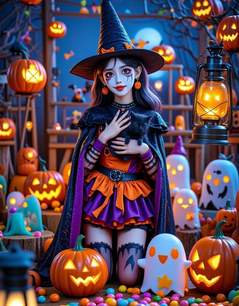 a Halloween shop. The shop is located in the centre of the image,surrounded by skyscrapers and skyscrapers. The sky is blue and pink hot air balloons float above the shop. In front of the shop there is a little witch wearing a black magic hat and holding a black kitten in her arms,the little witch is smiling and wearing a purple magic cloak with a smiling pumpkin sitting under her buttocks,next to a few white cute ghosts with big eyes and big smiles,in the far distance there is a big yellow moon,and next to the moon there are airships and mysterious planes passing by,and there are also little magical witches riding brooms flying in the sky. Purple atmosphere,revealing the environment of the weird and mysterious,the 's lovely