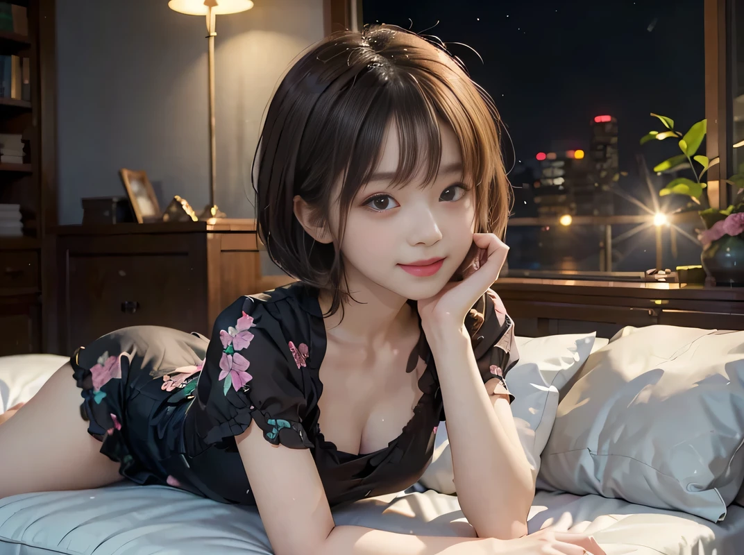 Detailed face, Cute face, ((masterpiece)), (Best Quality))), 1 Girl, ,Brown Hair, Eyes Hair, beautiful eyes , (Best Quality:1.3), ((One woman))、((Lounge)) 、Large windows、Night view、 Light:1.2, Bokeh, Cinema Lighting:1.0, depth of field,、 Cute face、Idol、((smile))、((Ultra short hair、 belly short))、( quick bangs)、((black short sleeve mini dress))、(Black clothes)、((Floral clothes))、look back、