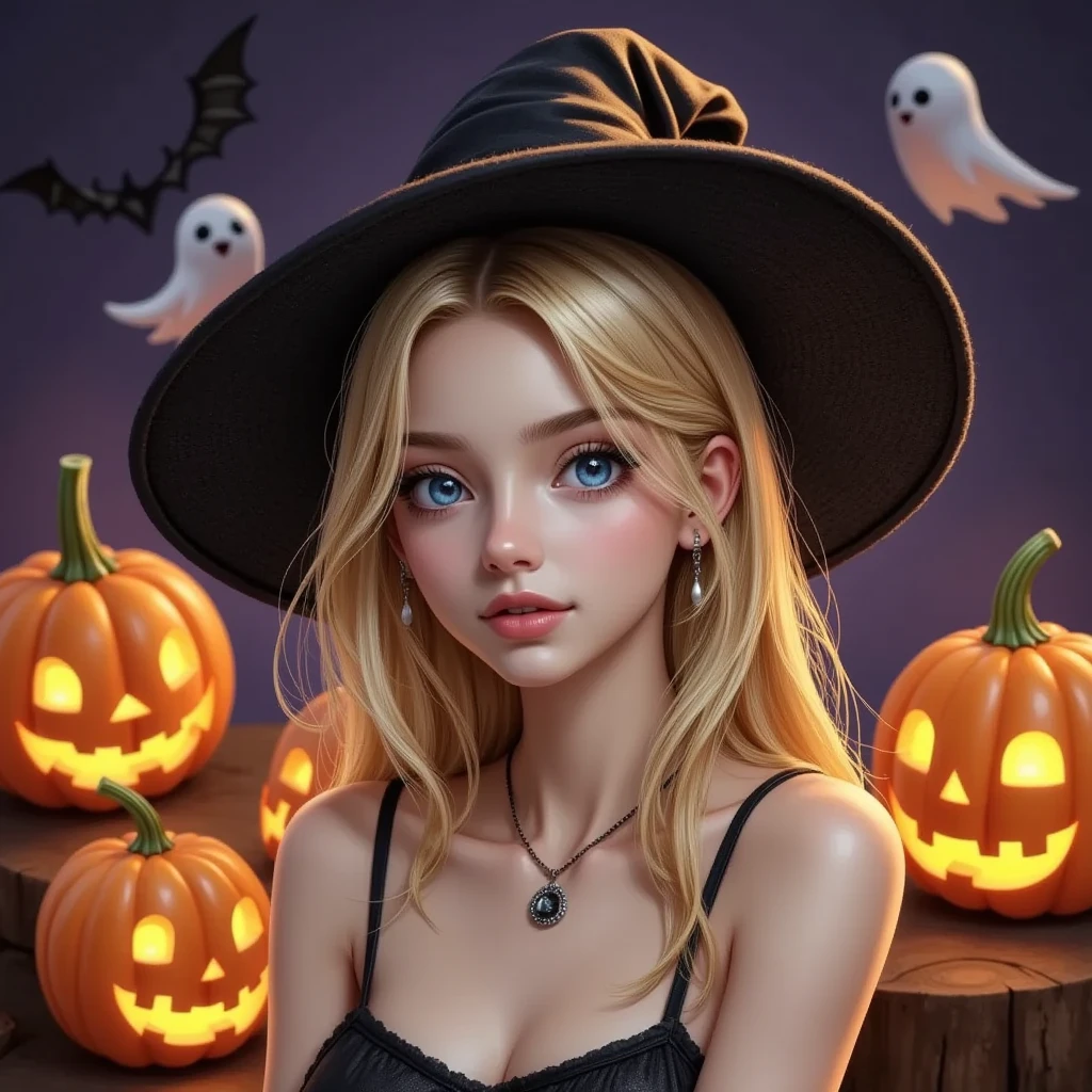 wallpaper、Illustration、 Cozy Halloween Party、 Warm and Nostalgic Atmosphere 、 Jack O Lanterns 、Witch Hat、ghost、Flying Bats 、Detailed Food and Drink 、One girl、 beautifully detailed eyes kept in the car、Beautifully detailed lips、Highly detailed faces and features、 long eyelashes、Illustration、(Best Quality、4K、8k、 High Resolution :1.2)、Super detailed、Vibrant colors、Warm lighting、Whimsical、magic、autumn、Pumpkin、Candles、 Cozy Decor 、Illustration、wallpaper、