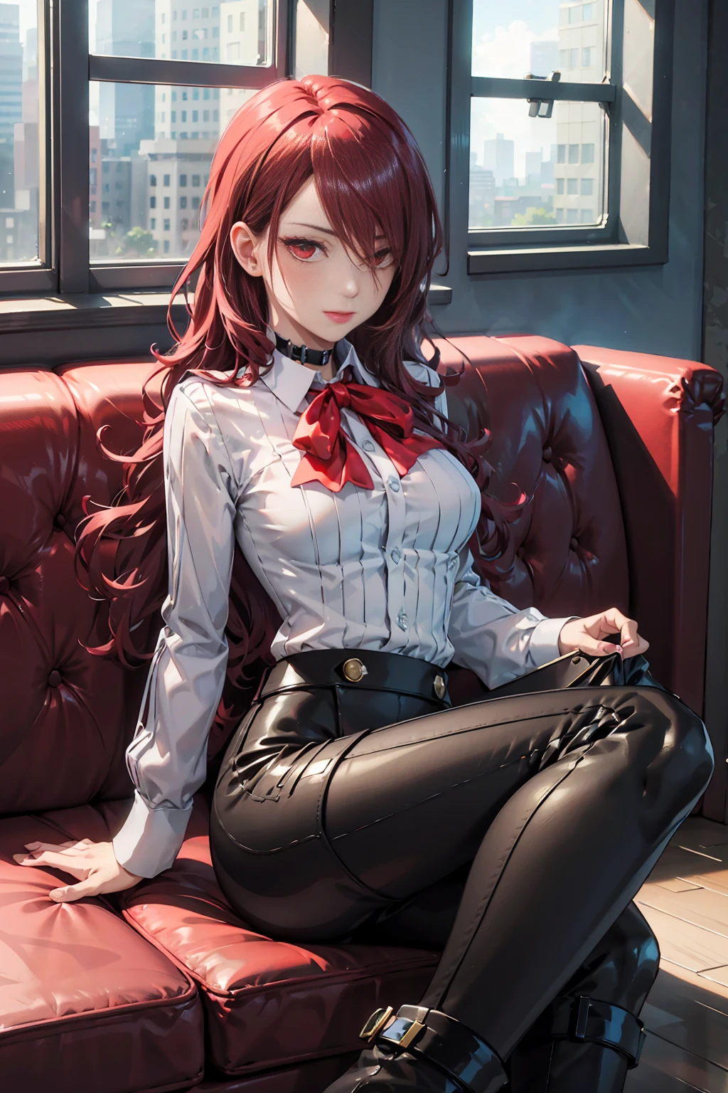   The best quality , ( masterpiece :1.3),  cinematic lighting , ultra-detail, (highres:1.1), mitsuru kirijou, sitting on a sofa, front view, looking at viewer, long dark red hair, ( hair covering a right eye ),  detailed eyes , red eyes,  Big breasts, choker:1.6, red bow on the chest , ((White buttoned shirt)), (Black shiny leggings), (black boots), elegant room, mansion, night