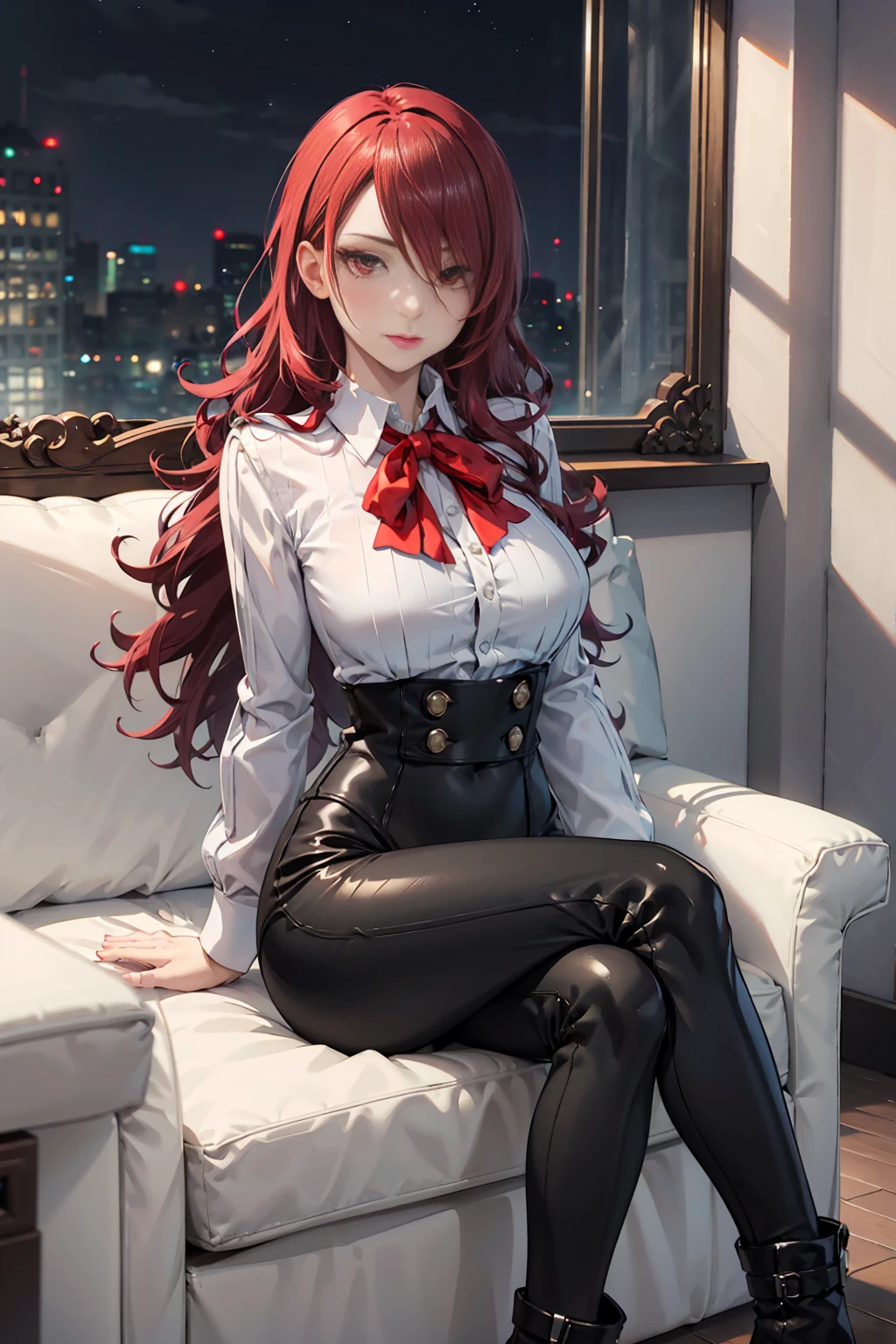   The best quality , ( masterpiece :1.3),  cinematic lighting , ultra-detail, (highres:1.1), mitsuru kirijou, sitting on a sofa, front view, looking at viewer, long dark red hair, ( hair covering a right eye ),  detailed eyes , red eyes,  Big breasts, choker:1.6, red bow on the chest , ((White buttoned shirt)), (Black shiny leggings), (black boots), elegant room, mansion, night