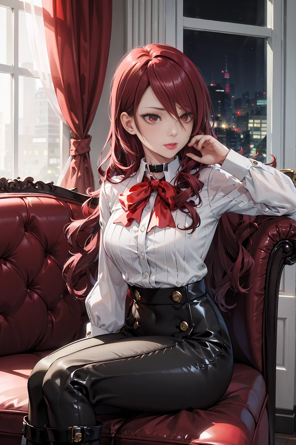   The best quality , ( masterpiece :1.3),  cinematic lighting , ultra-detail, (highres:1.1), mitsuru kirijou, sitting on a sofa, front view, looking at viewer, long dark red hair, ( hair covering a right eye ),  detailed eyes , red eyes,  Big breasts, choker:1.6, red bow on the chest , ((White buttoned shirt)), (Black shiny leggings), (black boots), elegant room, mansion, night