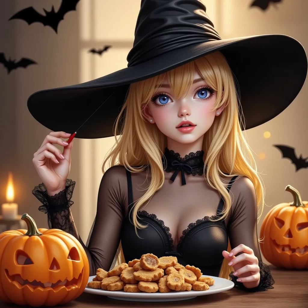 （wallpaper、Illustration:1.3）、 Cozy Halloween Party、 Warm and Nostalgic Atmosphere 、 Jack O Lanterns 、Witch Hat、ghost、Flying Bats 、Detailed Food and Drink 、One girl、 beautifully detailed eyes kept in the car、Beautifully detailed lips、Highly detailed faces and features、 long eyelashes、Illustration、(Best Quality、4K、8k、 High Resolution :1.2)、Super detailed、Vibrant colors、Warm lighting、Whimsical、magic、autumn、Pumpkin、Candles、 Cozy Decor 、(Illustration、wallpaper)、