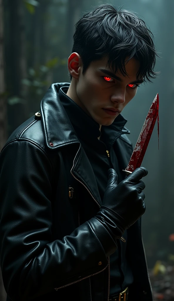 young man 19 years, ((best quality)), ((masterpiece)), (detailed), (Full body), perfect face, a beautiful and sexy demon, he has black hair and sky blue eyes, his teeth are sharp and pointed. His hands are stained with blood., scary smile, vampire teeth