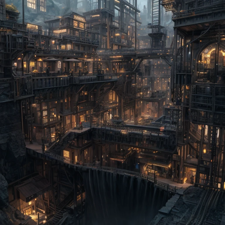 A large mecahnical city underground. Steampunk style. Large number of buildings. Some mining can be seen