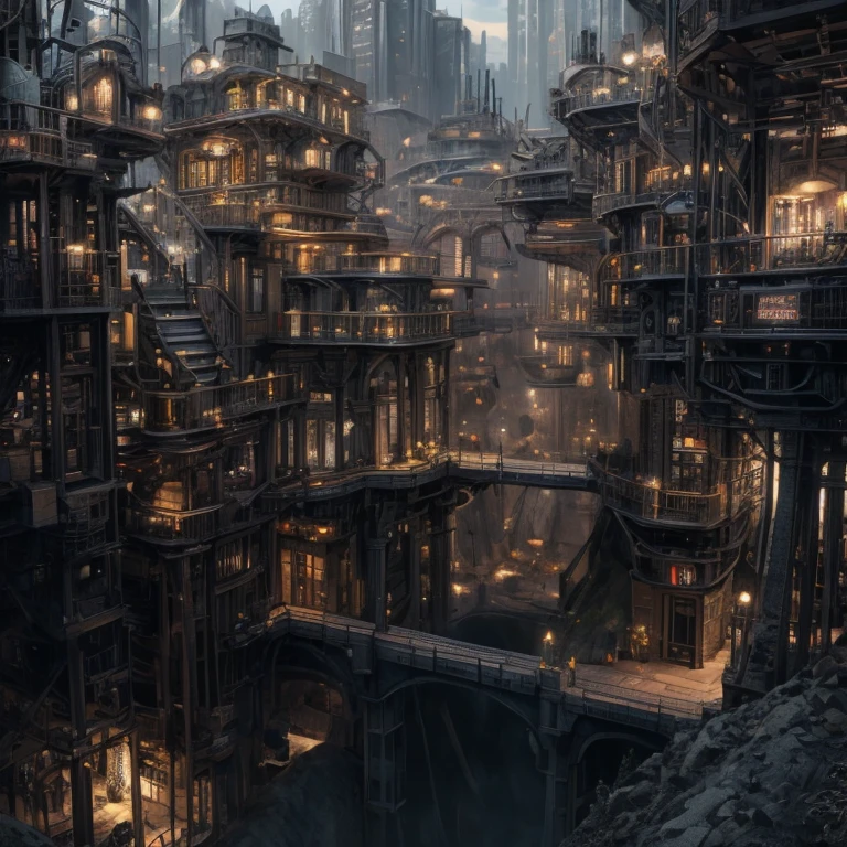 A large mecahnical city underground. Steampunk style. Large number of buildings. Some mining can be seen