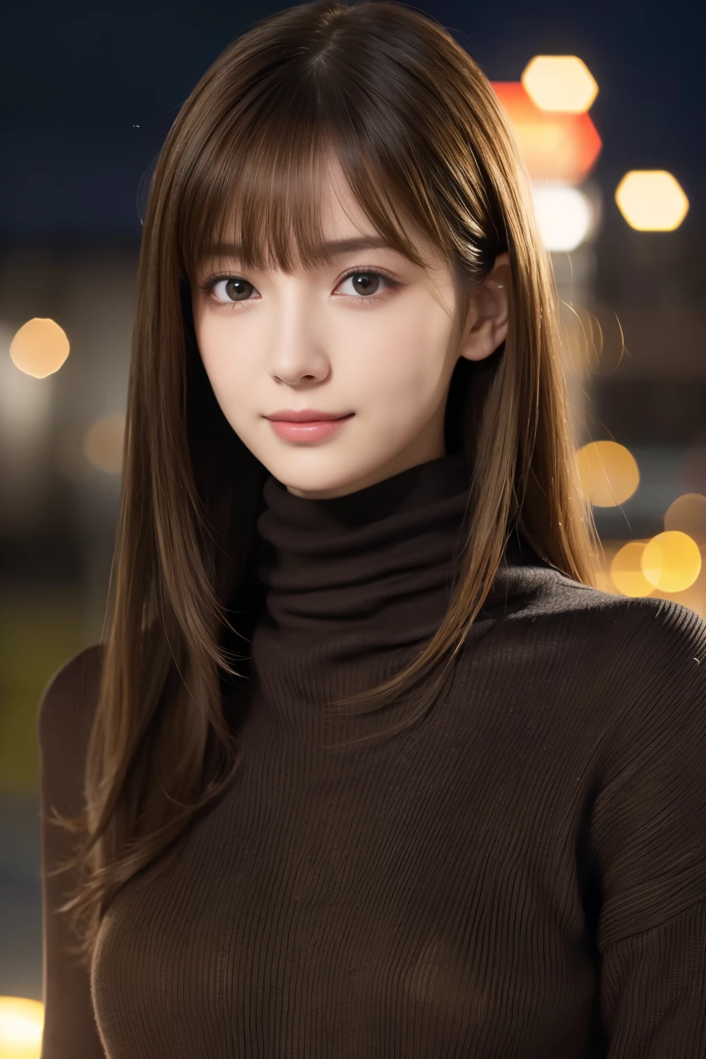 one 19 year old girl, (Dark yellow turtleneck thin sweater), Raw photo, highest quality, photorealistic, very delicate and beautiful, very detailed, 8K wallpaper, High resolution, soft light, very detailed目と顔, beautifully detailed nose, detailed and beautiful eyes, cinematic lighting, night city lights, perfect anatomy, slender body, well-shaped chest, straight hair, smile, asymmetrical bangs, light brown hair