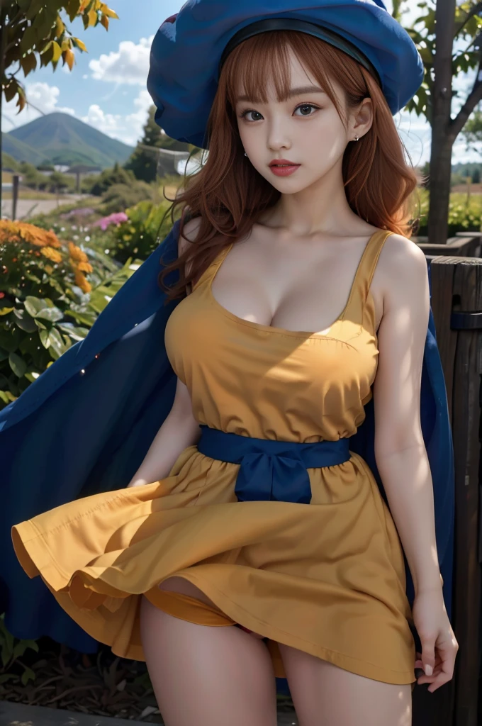  1 girl, Japanese,Alone,DQ4-Arena, upper body, black pantyhose ,Blue Cape,Blue hat,boots, curly hair, earrings,Long Hair,Orange gloves, Orange Hair ,Red eyes,Sleeveless,Yellow Dress, Yellow Skirt ,Black lace panties, Dynamic Poses ,Small breasts,(Shiny,Shiny dress:1.1)jumping,V-shaped eyebrows,Good weather in the forest, (masterpiece), (Best Quality), (Super detailed),  complicated details傑作), (Best Quality), (Super detailed),  complicated details,nsfw,Bare your breasts, skirt that soars in the wind