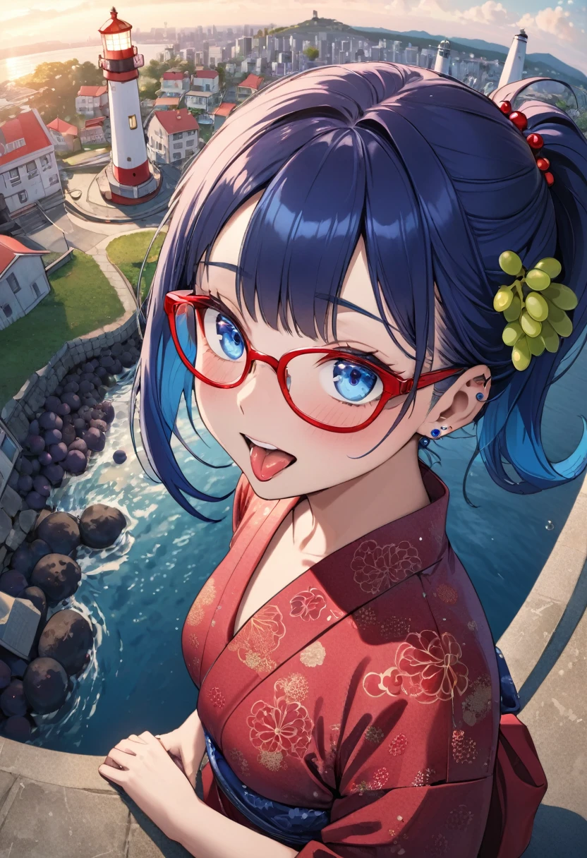 eyebrows behind hair, purple eyes, rimless eyewear, hairpin, short ponytail, red bikini, Beach in the evening, smile, Magic Hour, Impressionism, cinematic lighting, backlighting, wide shot, atmospheric perspective, Nikon, Rembrant, masterpiece, 8k