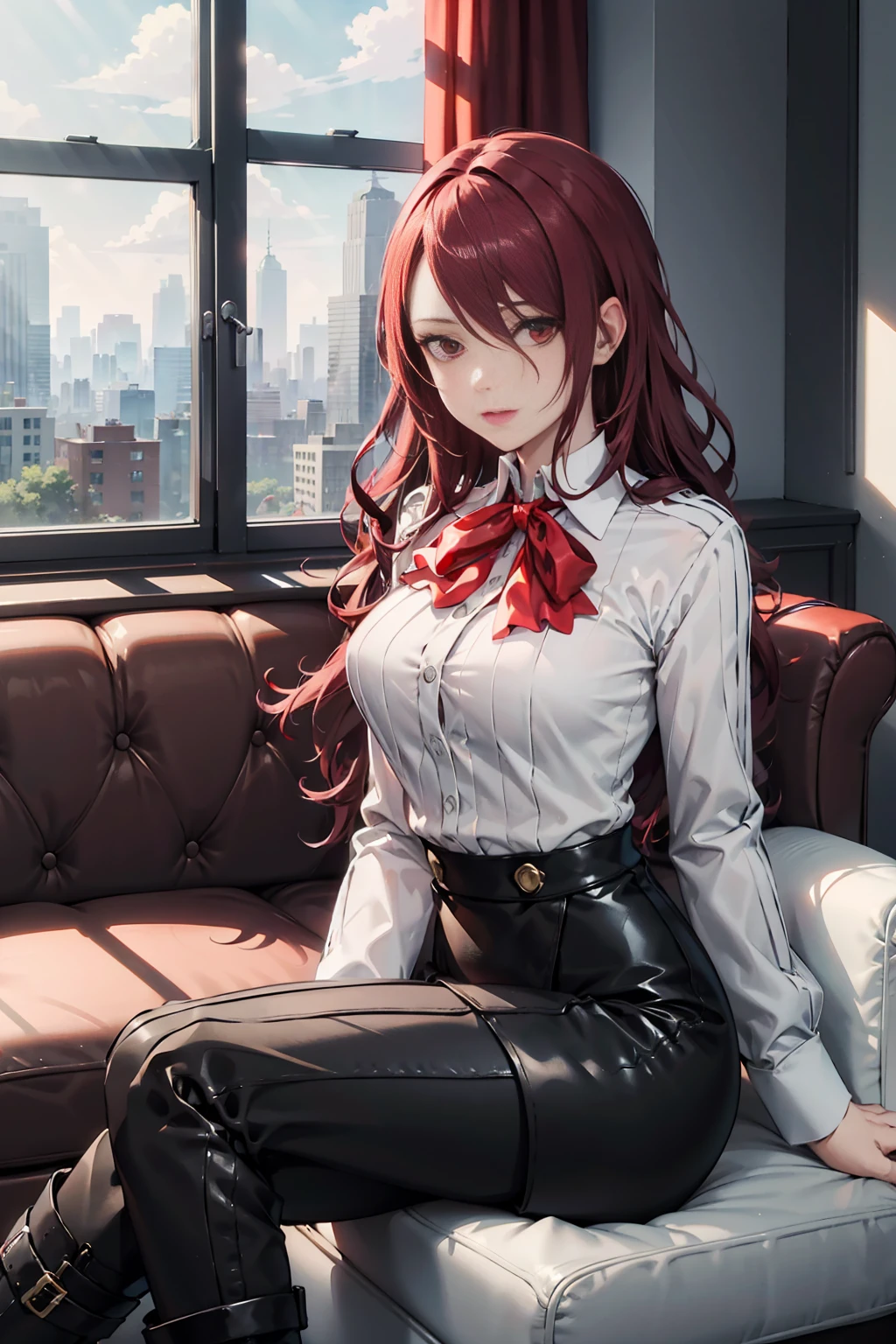   The best quality , ( masterpiece :1.3),  cinematic lighting , ultra-detail, (highres:1.1), mitsuru kirijou, sitting on a sofa, look up, looking at viewer, long dark red hair, ( hair covering a right eye ),  detailed eyes , red eyes,  Big breasts, choker:1.6, red bow on the chest , ((White buttoned shirt)), (Black shiny leggings), (black boots), elegant room, mansion, night