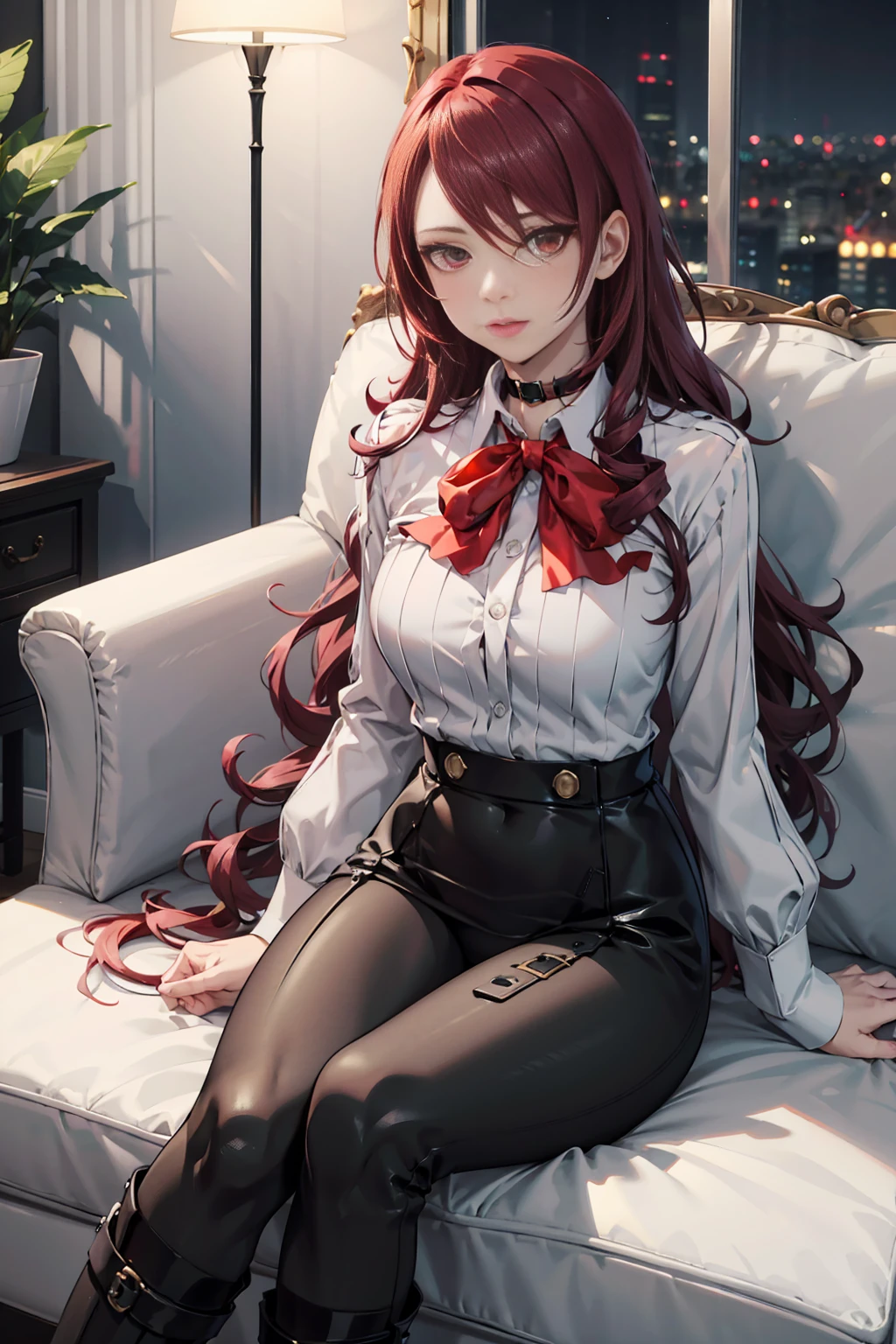   The best quality , ( masterpiece :1.3),  cinematic lighting , ultra-detail, (highres:1.1), mitsuru kirijou, sitting on a sofa, look up, looking at viewer, long dark red hair, ( hair covering a right eye ),  detailed eyes , red eyes,  Big breasts, choker:1.6, red bow on the chest , ((White buttoned shirt)), (Black shiny leggings), (black boots), elegant room, mansion, night