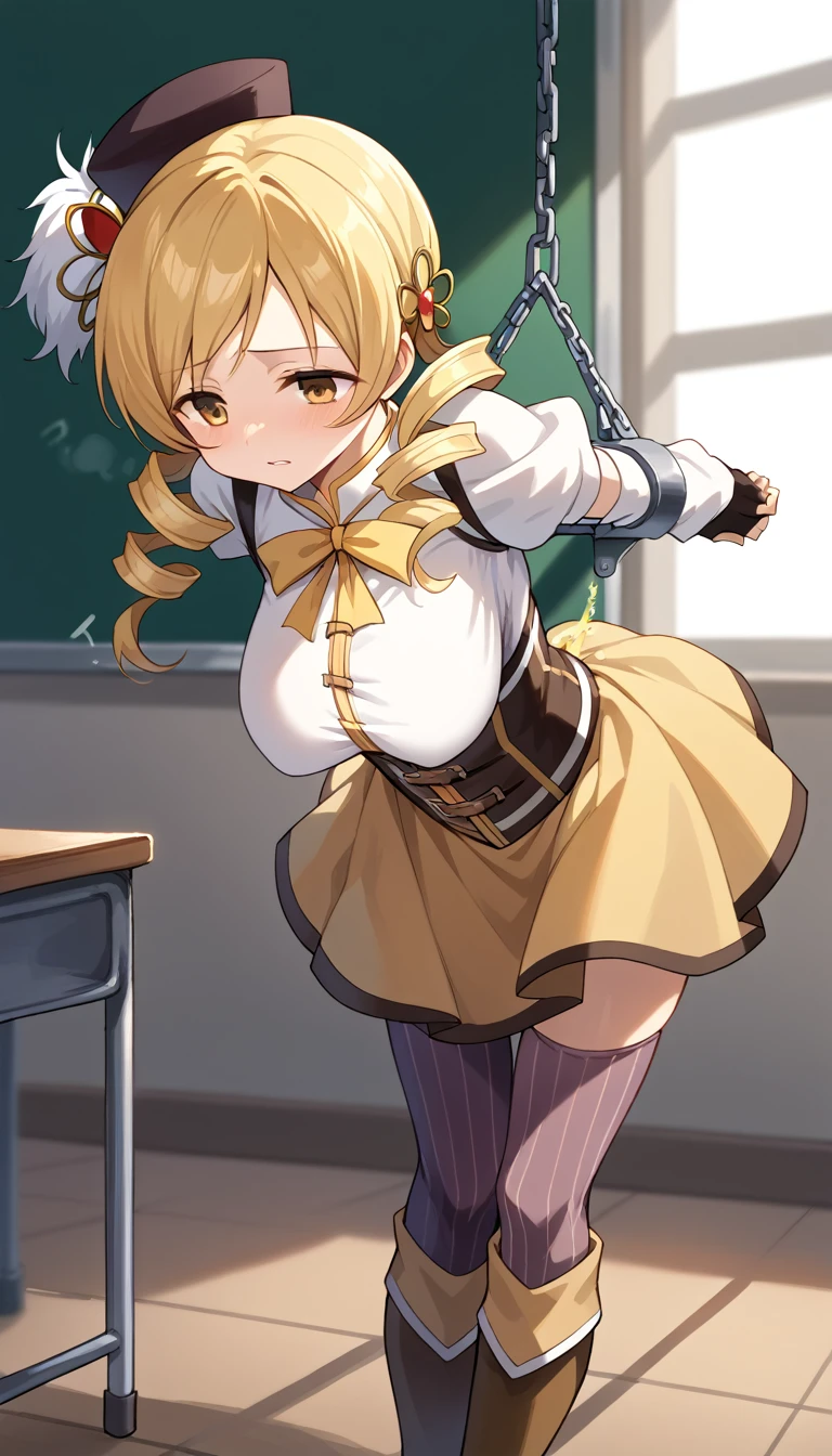 (masterpiece, best quality), 1girl,mami tomoe, blonde hair, drill hair, twin drills, yellow eyes, boots, brown footwear, brown gloves, corset, detached sleeves, fingerless gloves, gloves, hat, juliet sleeves, knee boots, long sleeves, magical girl, puffy sleeves, skirt, striped, striped thighhighs, thighhighs, thighs, vertical stripes, vertical-striped thighhighs, yellow skirt,(big breasts;1.4)(classroom :1.2) (restrained hanging:1.5)(Urinating:1.2)
