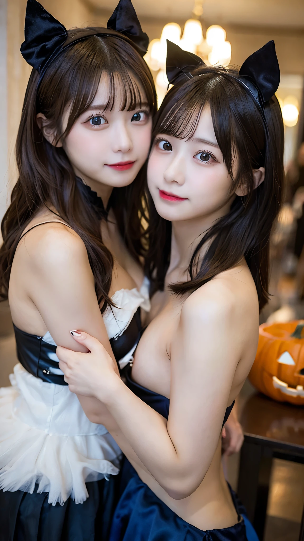 (((two girls cuddling、maid headdress、small breasts、極めてsmall breasts、chest on cutting board、two person shot、twin tails、female brat、stockings、Gothic Lolita、dress)))(8K、Raw photo、highest quality、High resolution、realistic、masterpiece:1.2)、High-definition RAW color photo、professional photos,two 14 year old girls、fine skin、realisticな肌の質感(laughter、All nude、always wear panties)underwear、girl、Childish、petite、mansion、mansion、Castle、red lipstick、smile、 (two women、wear a black choker around your neck、skinny body)super long hair、light shines in from below((small breasts、skinny body))