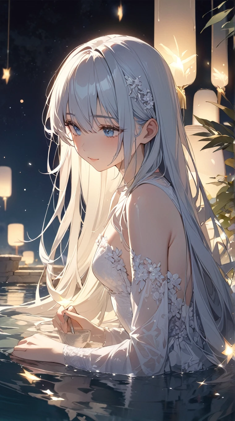 Paradise in Heaven, White lighting,(masutepiece), (Best Quality), (Cinematic), 8K, (art  stations), Li Yue painting style.(長いWhite hairとSilvery eyesを持つ1人の女), (Beautiful delicate face)、[ Particle Lou Full Moon] [Frozen trees々] [landscape crystal] [Lighting] [Ethereal Atmosphere]:1.1] [Fantasy, short story] [soft Lighting] [+Cinematic shot]:1.2 [+art  stations] [+luminous white background] [+soft Lighting] [soft glow] [Creative and dynamic angles]:1.3, [+Crystal Toning] 、masutepiece, ighly detailed, Ultra-detailed, Solo, (pale skin), Silvery eyes, White hair, (snowy background), (snowflake rosen flower:1.0), (shining crystal),, (Snowy ground), (White lashes), Female sexy、dreamy and detailed, Gorgeous setting, 妖しい雰囲気 masutepiece, The most beautiful scenes, An majestic、(((full of white flowers)))、quiet and serene atmosphere、A charming, all white tones,Inside the crystal library,Transparent flowers and falling snow，Many white roses are planted,(flowingwater,falls,water bloom),The decoration is also carefully done.,Dreamy（ighly detailedです，Creative Design，crisp and precise lines，K HD，best qualtiy，tmasterpiece，超hight resolution，4K）、Diverse poses、((beautiful white flower hair ornament))、Beautiful hairstyle、(Best Quality, 4K, 8K, hight resolution, masutepiece:1.2), Ultra-detailed, Detailed expression, Graceful posture, expressive brush strokes, mystic atmosphere, artistic interpretation,Delicate floral jewelry， (((Detailed design、Beautiful lace translucent dress、see-through small dress)))、(SFW:1.5), (Oversized breasts, best body proportions, proportions of large breasts,:1.5),(white decoration on thigh)、((Beautiful crystal accessories on the legs))。((Beautiful crystal accessories on the arm))、(((maikurobikini)))