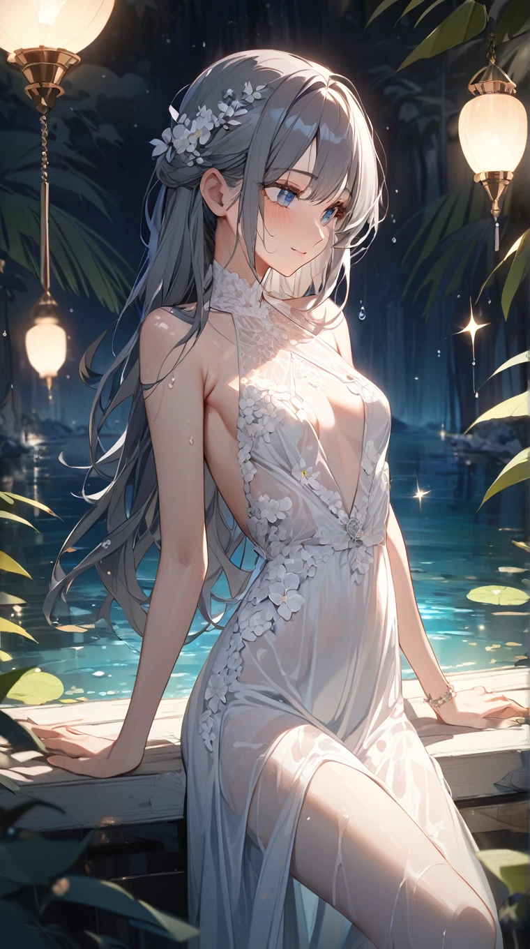 ((top quality)),(ultra high resolution),(Super detailed),(detailed description),((the most picturesque works of art),super precision art,amazing art of depiction,fantasy art:1.5, ((綺麗なflower々:1.3)), (glamorous body:1.5),fancy background effects、masterpiece、fancy details、(NSFW 1.1), ((1 female)), ((muste piece)), ((extremely detailed:1.3)), ((Beautiful woman entering the lake in crystal clear water)), ((beautiful long hair)), wet hair, wearing a transparent dress, Bathing clothed, (水に浮かぶバラのflowerびら:1.5), (early morning light), ivory gold AI, temple, crepuscular lighting, (very huge )、pink nipples、pink areola，Transparent pink areola、((Transparent pure white wedding dress that shows your skin、Detailed design))、Arranged,intimate, rose garden、colorful roses、lake with floating roses、wet body、(頭にflowerの装飾)、大きなflowerいっぱい、solo, water play, flowerいっぱいの髪飾り, flower々, sky porn,Pure white dress that becomes transparent when wet, shines wet with water、(muste piece),(Highly detailed CG Unity 8K wallpaper),best quality,cinematic lighting,detailed background,beautiful detailed eyes,bright pupils, (very delicate and beautiful),(Beautiful and detailed eyes),((muste piece)),(Purple eyes)