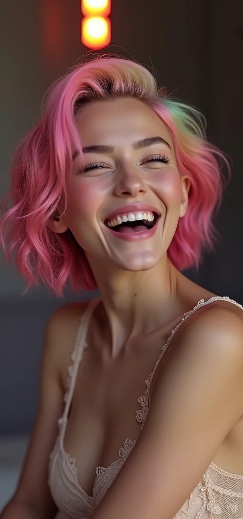 Pink hair: The girl has short, wavy hair dyed a bright pink color, styled in loose waves that frame her face. Wide-eyed: Her eyes are open wide, giving her a lively and engaging expression. Dilated pupils: Her pupils appear large, adding to the intensity of her gaze. Laughing: The girl is captured in the midst of laughter, with her mouth open wide, showcasing her white teeth. Theatrical lighting: The entire image is bathed in soft pink stage lighting, creating a dramatic and artistic ambiance. Smiling: Her smile is broad and genuine, contributing to the joyful mood of the image. Elegant dress: She is wearing a low-cut pink dress, which is elegant and accentuates her figure, fitting the theatrical environment. Red velvet seats: The background features the plush red velvet seats of the theater, adding depth and a sense of luxury to the image. Ornate details: The backdrop includes ornate gold detailing and decorative elements typical of classic theaters, contrasting with the modern lighting and creating a rich, textured setting. Theater atmosphere: The overall vibe suggests a lively, sophisticated theater scene, with an emphasis on elegance and high-quality visual details, including a focus on bokeh, high resolution, and anatomical accuracy.