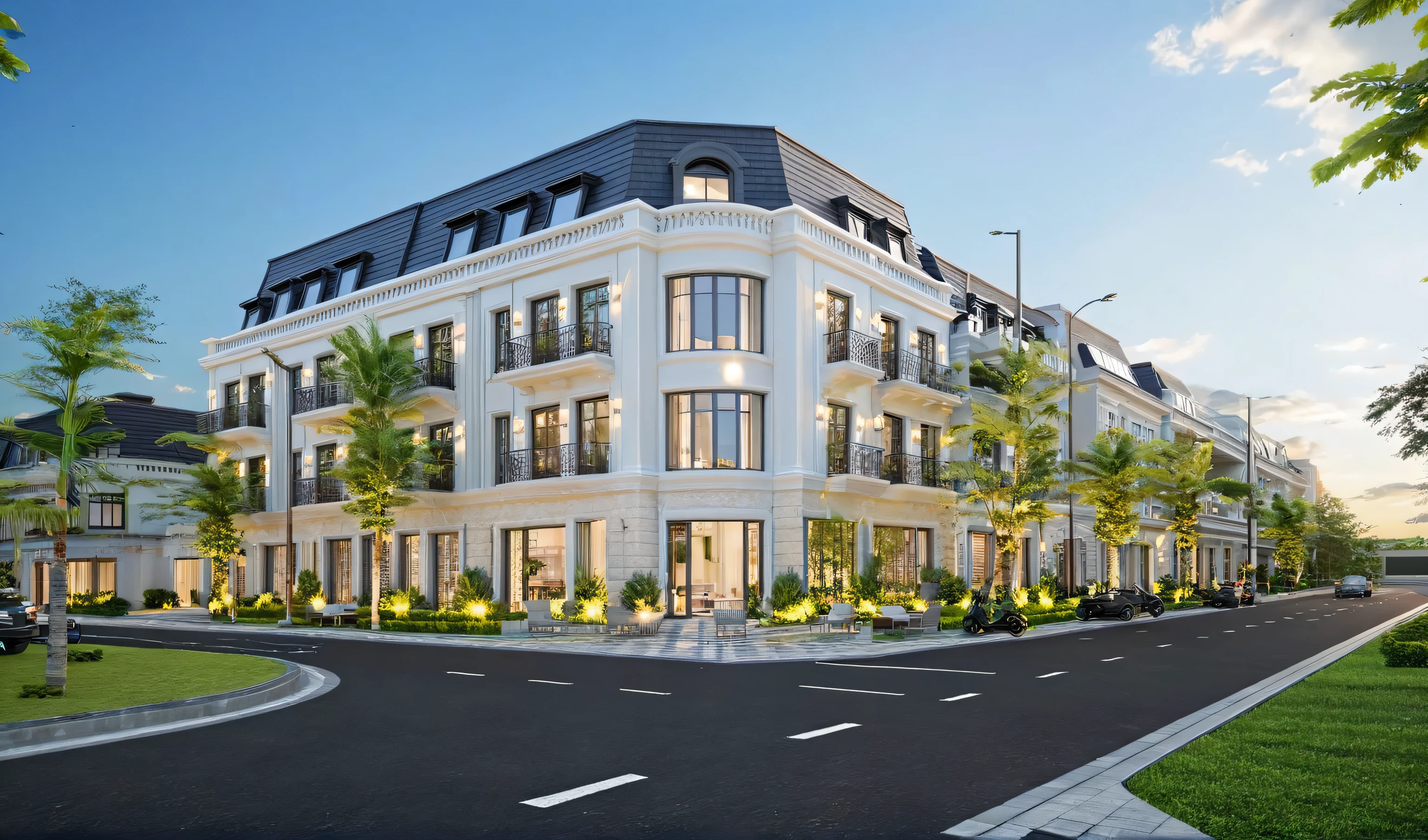 Architectural style Architectural style, ((Classic Style House)),(masterpiece) , ((best quality)), dramatic lighting, high quality outdoors, sky, day, cloud, tree, blue sky, building, scenery, road, real world location, sunlight, enough detail, high resolution,super realistic, Photorealistic, highly detailed, balcony, plants, door, car, truck, parking slot, paving, . Clean lines, architectural drawing, highly detailed , . Clean lines, geometric shapes, minimalist, modern, architectural drawing, highly detailed