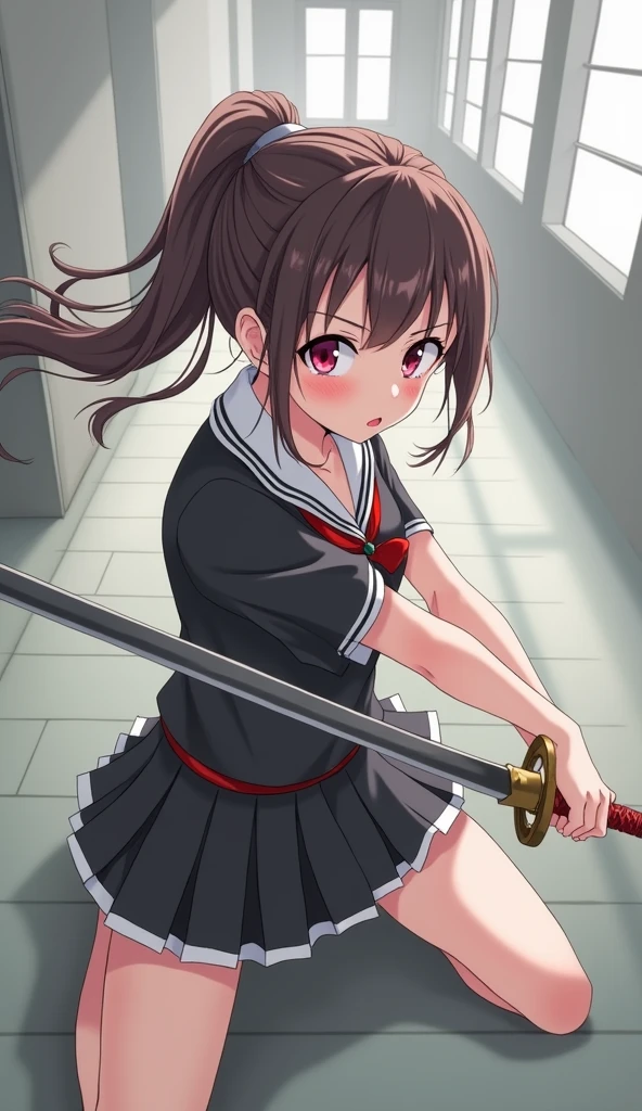 masterpiece, Highest quality, Sophia Estido, Barrette, Pink Shirt, corset, Pencil Skirt, stockings, Knee-high boots, standing, ((Holding a sword in his right hand)), Combat pose、Spread your legs、Bend both knees slightly、Quiz Formula, Looking at the audience, rocky coast, big, null, (Squat:1.5)、(Spread your legs:1.5)、((Showing white panties))、Good lift、Showing off a white bra、Troubled face、climax、Excited、close your eyes、Open your mouth、ahegao、Sword Drawing Technique, Battoujutsu、Red cheeks、Shirt lift、Place your heels on the ground