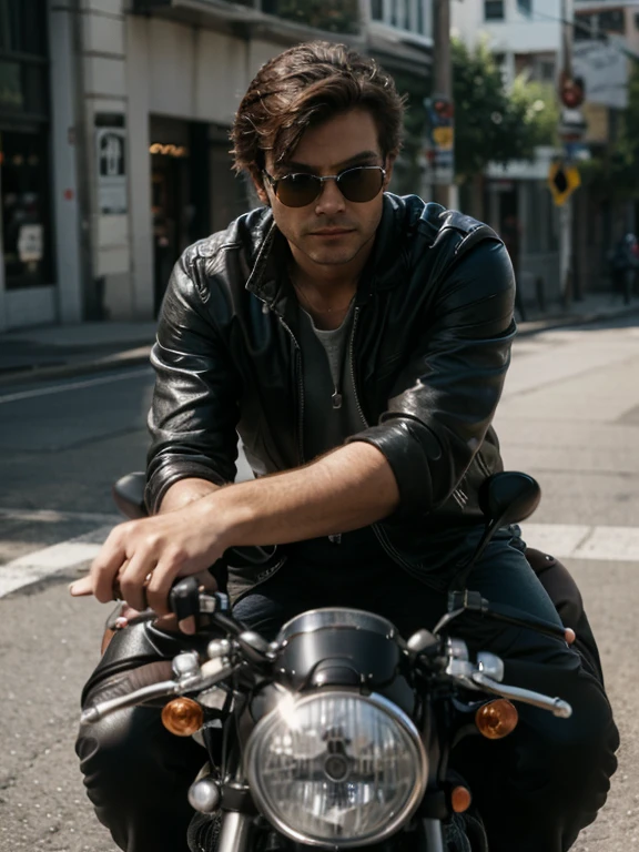 Handsome dark-haired man, wears Rayban Aviator Sunglasses, Riding a heavy BMW motorcycle, (eyes to camera, looking at viewer), (Medium shot)