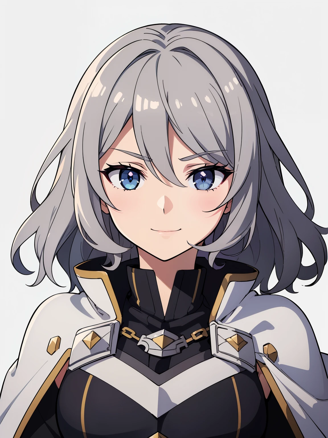 (high-quality, breathtaking),(expressive eyes, perfect face) 1girl, female, portrait, solo, young adult, neutral expression, cute smile, Symmetrical Eyes, Symmetrical ears, grey background, mercenary, gauntlet, cape, medium hair, wavy spiky hair, fire emblem art style
