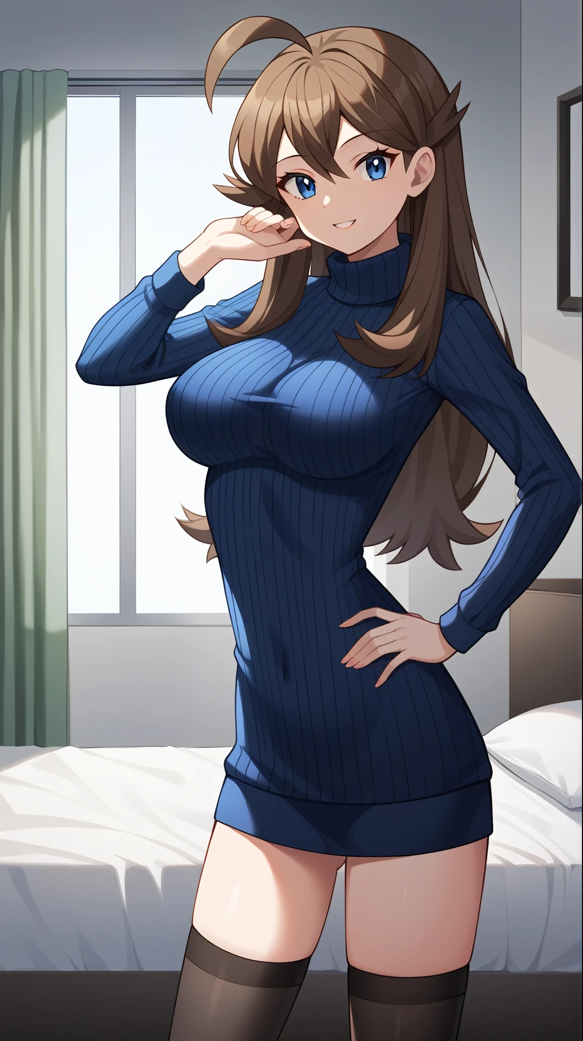  score_9,  score_8_Excellent,  score_7_Excellent,  score_6_Excellent, Best Quality, sauce_Anime, cel shading,  flat color , vector,  detailed background, indoor, bedroom, bed, indoor, Break 1 Girl, Alone, (\Pokémon\), Brown Hair, Long Hair, blue eyes, black thigh length socks, Ample breasts,  WATCH VIEWERS , 1 Female , Age 18,  sexy pose with panties, whole body,  slim figure, smile, Midnight,  seductive smile, 色っぽいsmile, long sleeve vertical stripe sweater, Ahoge, Absolute territory, Place one hand on your hip,  standing, tall,
