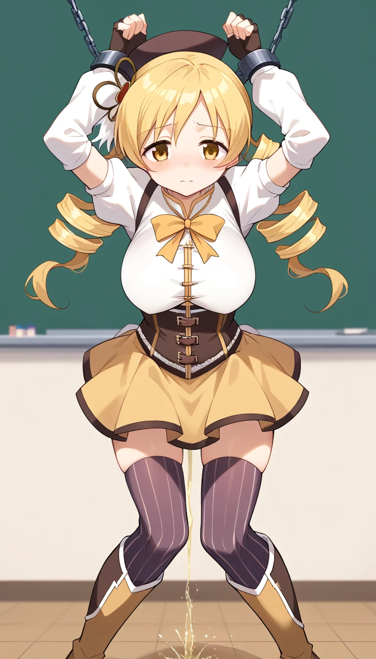 (masterpiece, best quality), 1girl,mami tomoe, blonde hair, drill hair, twin drills, yellow eyes, boots, brown footwear, brown gloves, corset, detached sleeves, fingerless gloves, gloves, hat, juliet sleeves, knee boots, long sleeves, magical girl, puffy sleeves, skirt, striped, striped thighhighs, thighhighs, thighs, vertical stripes, vertical-striped thighhighs, yellow skirt,(big breasts;1.4)(classroom :1.2) (restrained hanging:1.5)(Urinating:1.2)
