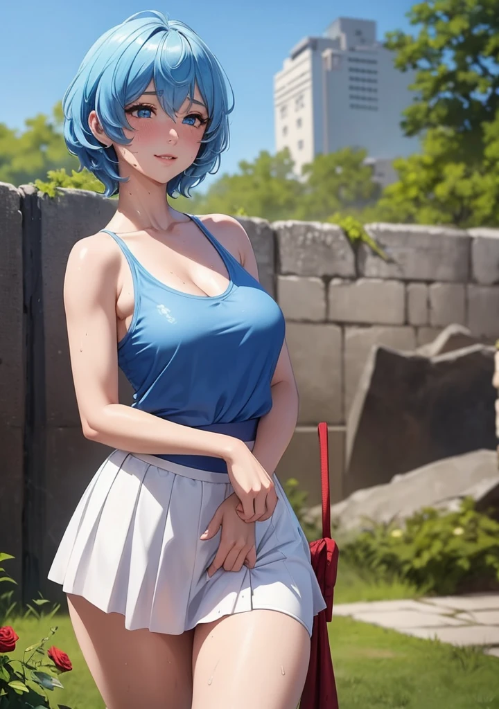 realistic, ganyu, short hair, open lips, blush, make up, light smile, blue hair, sports, skirt, wet clothes, light, thighs, blue eyes, bare shoulders, collarbone, narrow waist, sunshine, sunshine, rose, wind, cleavage, (masterpiece), sweat,