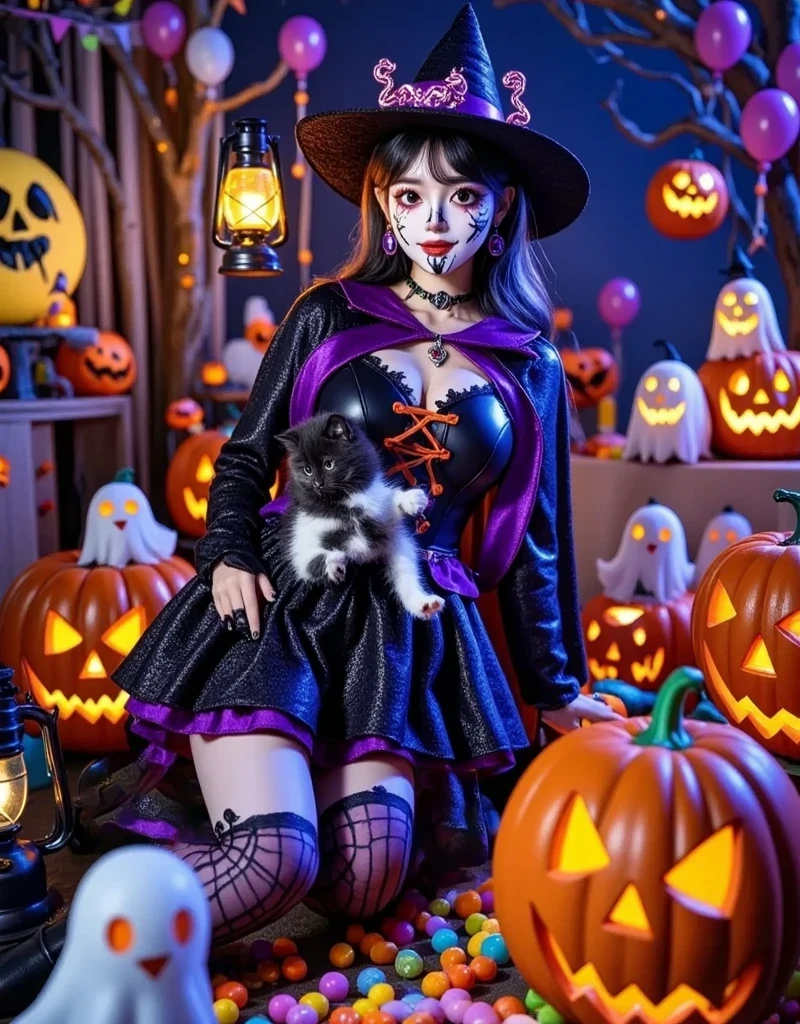 a Halloween shop. The shop is located in the centre of the image,surrounded by skyscrapers and skyscrapers. The sky is blue and pink hot air balloons float above the shop. In front of the shop there is a little witch wearing a black magic hat and holding a black kitten in her arms,the little witch is smiling and wearing a purple magic cloak with a smiling pumpkin sitting under her buttocks,next to a few white cute ghosts with big eyes and big smiles,in the far distance there is a big yellow moon,and next to the moon there are airships and mysterious planes passing by,and there are also little magical witches riding brooms flying in the sky. Purple atmosphere,revealing the environment of the weird and mysterious,the 's lovely