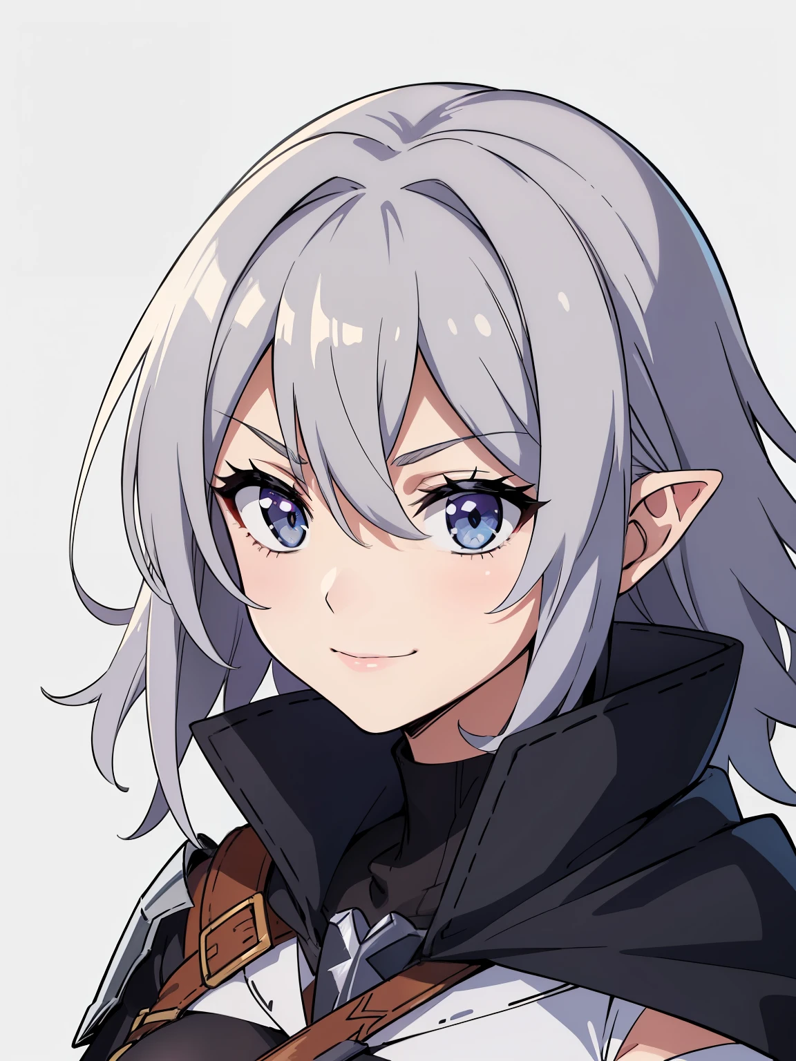 (high-quality, breathtaking),(expressive eyes, perfect face) 1girl, female, portrait, solo, young adult, neutral expression, cute smile, Symmetrical Eyes, Symmetrical ears, grey background, mercenary, gauntlet, cape, medium hair, wavy spiky hair
