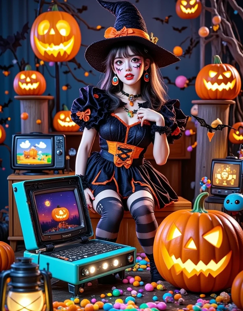 This image is a digital illustration of a Halloween scene. In the center of the picture,there is a large pumpkin with a jack-o '-lantern face carved into it. Pumpkin wears a black witch's hat with a gold buckle and a red flower. The witch was standing on the wooden floor,surrounded by other pumpkins. There are also bats flying around the pumpkin with a full moon in the background. The overall color scheme is orange,black and white,giving a strange and festive feeling., This image shows a variety of electronic devices and accessories scattered across a blue surface. In the center of the image,there is a blue and green vintage-style laptop with a large screen. The computer is surrounded by other electronic devices such as keyboards,mice,game controllers and small robots. On the right side of the computer,there are two small black and purple TVS with a cartoon character on the screen. In the background is a dark blue wall with patterned wallpaper. The overall color scheme is bright and vibrant,giving a playful and whimsical feel.