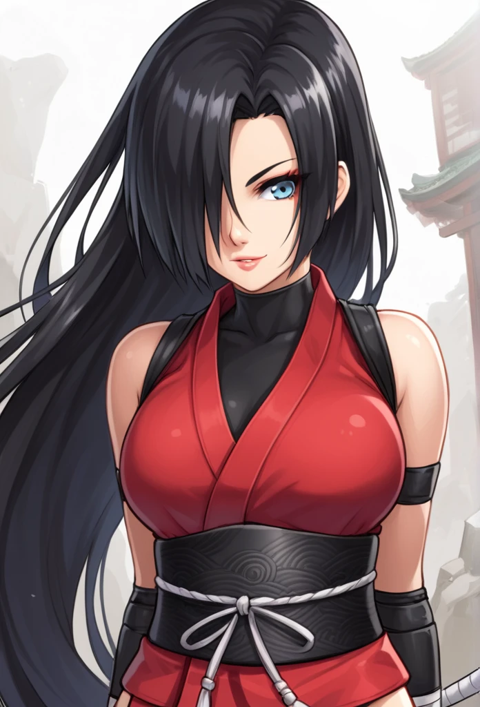 Generate the female character Nezuko from the Demon Slayer anime , she is in her demon form , with a grown and naked body , with rosy cheeks and irritated
