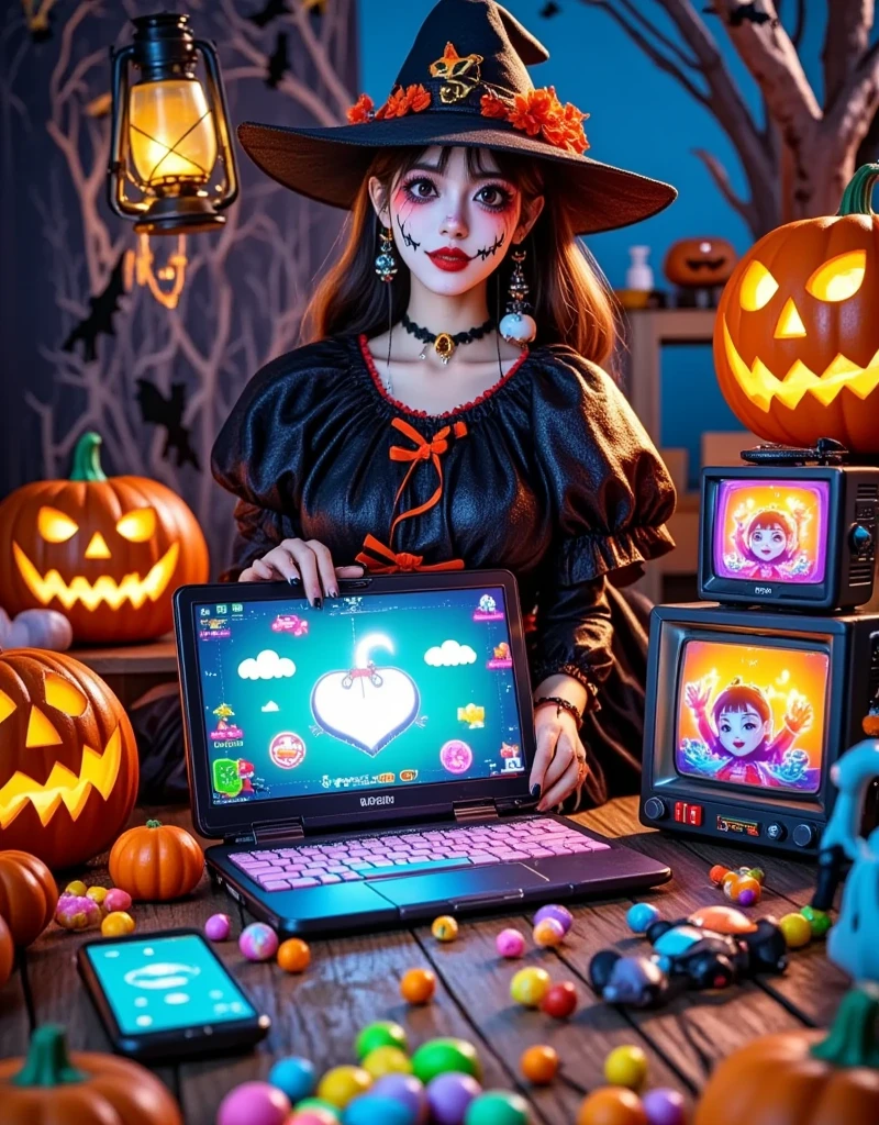 This image is a digital illustration of a Halloween scene. In the center of the picture,there is a large pumpkin with a jack-o '-lantern face carved into it. Pumpkin wears a black witch's hat with a gold buckle and a red flower. The witch was standing on the wooden floor,surrounded by other pumpkins. There are also bats flying around the pumpkin with a full moon in the background. The overall color scheme is orange,black and white,giving a strange and festive feeling., This image shows a variety of electronic devices and accessories scattered across a blue surface. In the center of the image,there is a blue and green vintage-style laptop with a large screen. The computer is surrounded by other electronic devices such as keyboards,mice,game controllers and small robots. On the right side of the computer,there are two small black and purple TVS with a cartoon character on the screen. In the background is a dark blue wall with patterned wallpaper. The overall color scheme is bright and vibrant,giving a playful and whimsical feel.