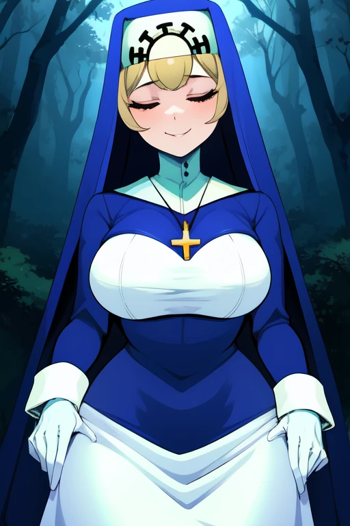 Double, short blonde hair, nun uniform, medium breasts, solo, 1girl, smiling, cowboy shot, closed eyes, 
 blue habit, cross necklace ,white gloves, long sleeves, nun, long skirt
(insanely detailed, beautiful detailed face,beautiful detailed eyes, masterpiece, best quality) Forest, night, running , sexy pose,