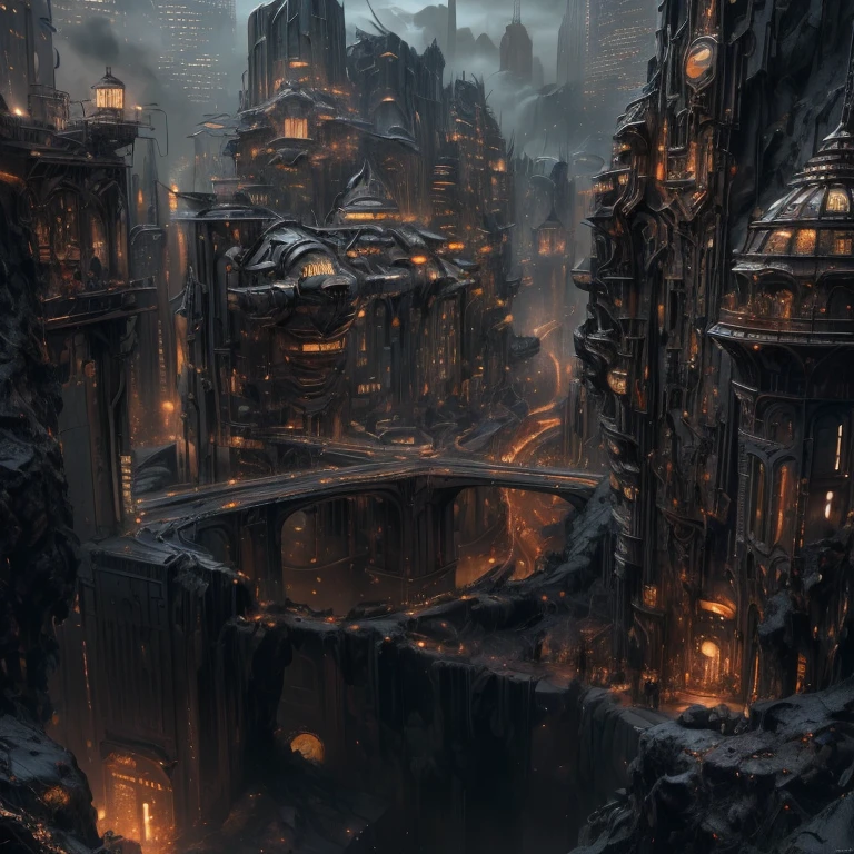 there is a very large city with many buildings in it, asy sci - fi city, big and structured valhalla city, ancient sci - fi city, dark fantasy city, huge futuristic temple city, stuning fantasy 3 d render, in a massive cavernous iron city, dark futuristic city, golden steampunk city atmosphere, fantasy cityscape, intricate cyberpunk city