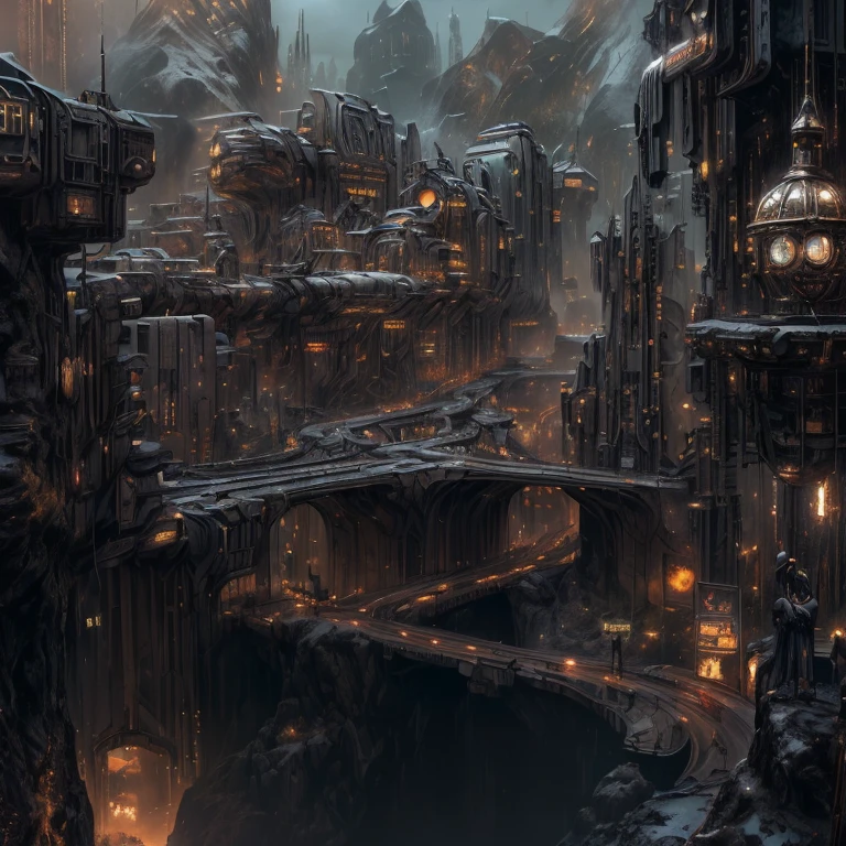 there is a very large city with many buildings in it, asy sci - fi city, big and structured valhalla city, ancient sci - fi city, dark fantasy city, huge futuristic temple city, stuning fantasy 3 d render, in a massive cavernous iron city, dark futuristic city, golden steampunk city atmosphere, fantasy cityscape, intricate cyberpunk city