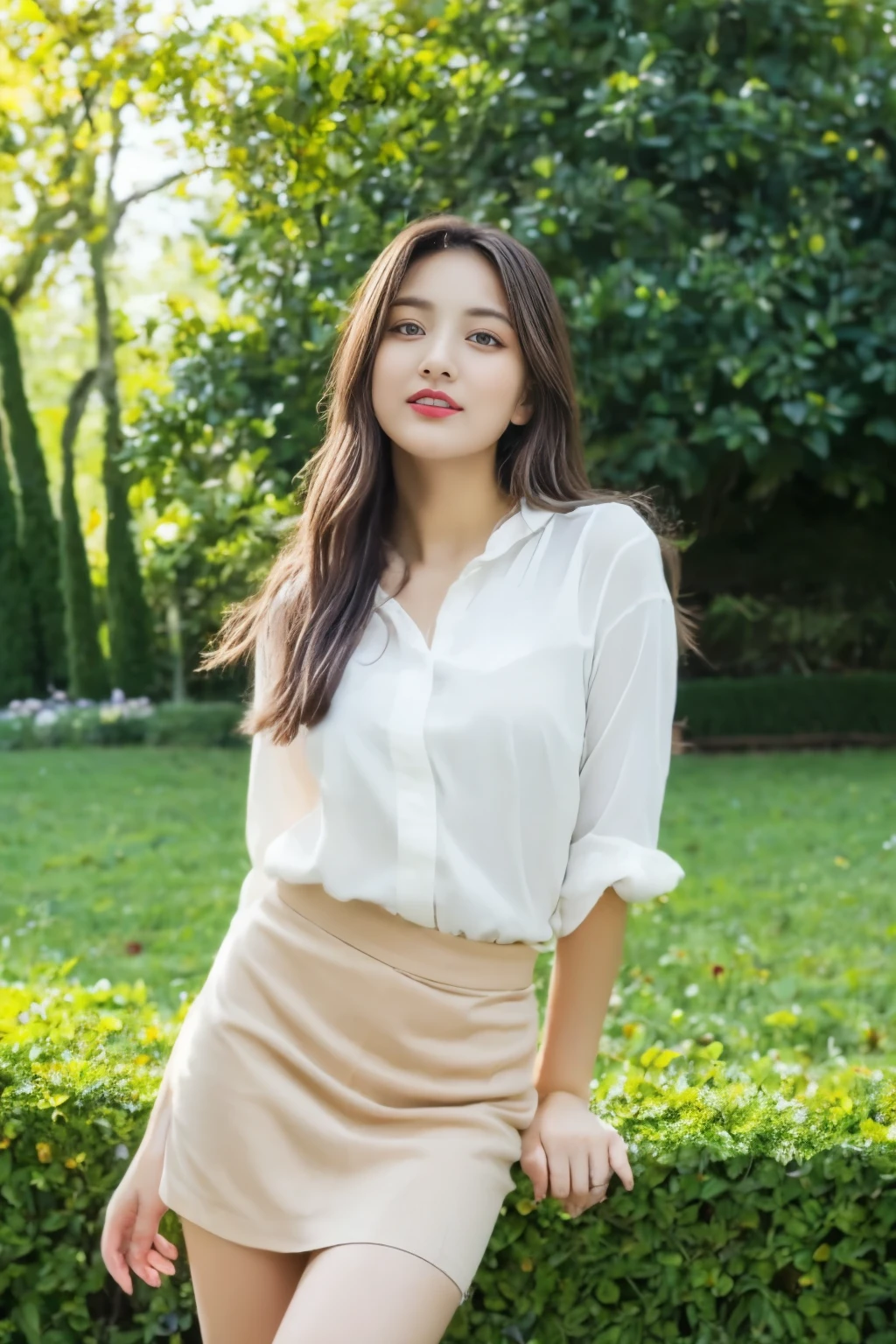 Beautiful Asian Girl,Upskirt, Ultra detailed eyes,eyes korean,beautiful detailed lips,natural,soft skin,long flowing hair,curvy figure,sensual pose,soft natural lighting,vibrant colors,oil painting,impressionist style,subtle brushstrokes,graceful,romantic,lush garden background,quiet and peaceful atmosphere,