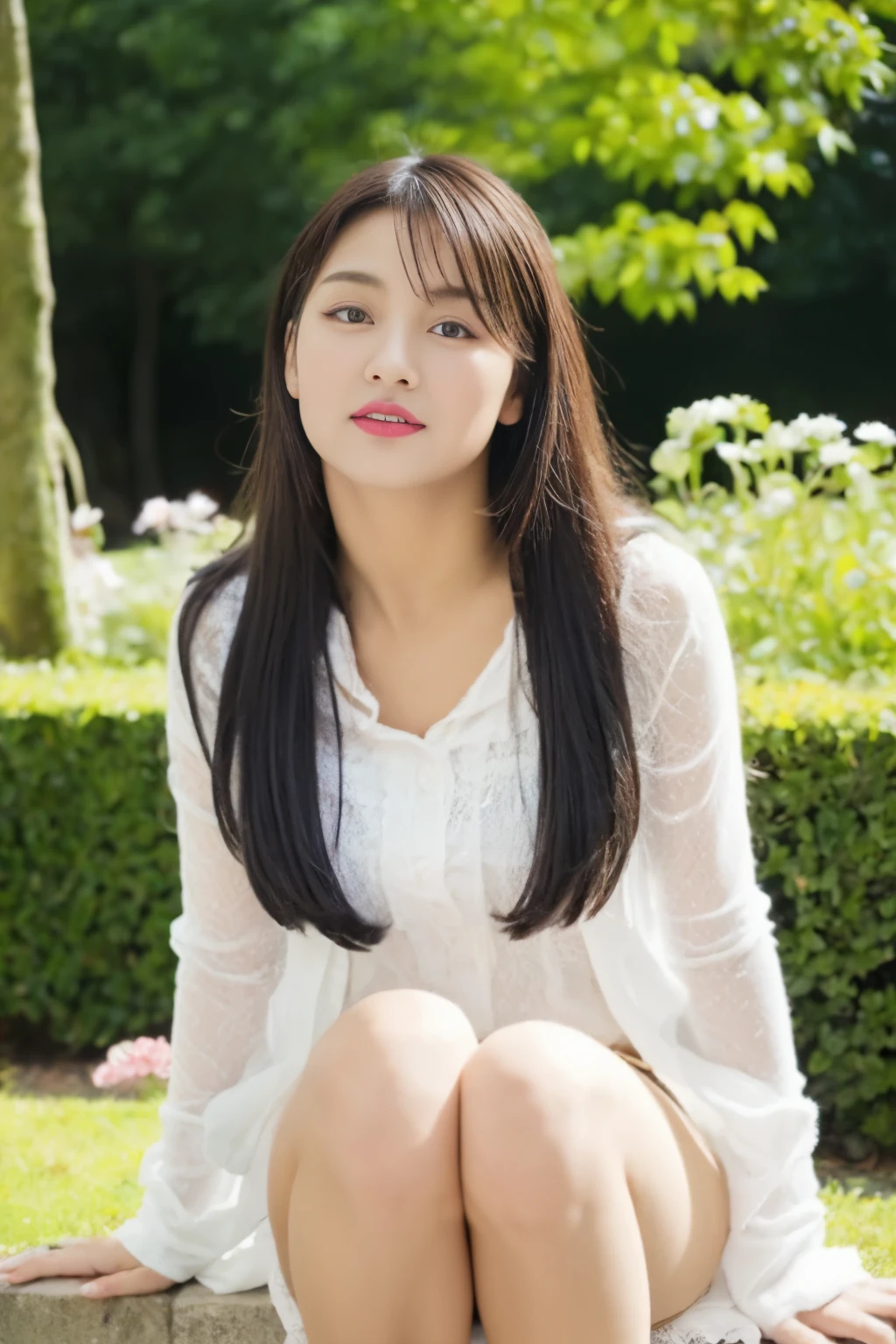 Beautiful Asian Girl,Upskirt, Ultra detailed eyes,eyes korean,beautiful detailed lips,natural,soft skin,long flowing hair,curvy figure,sensual pose,soft natural lighting,vibrant colors,oil painting,impressionist style,subtle brushstrokes,graceful,romantic,lush garden background,quiet and peaceful atmosphere,