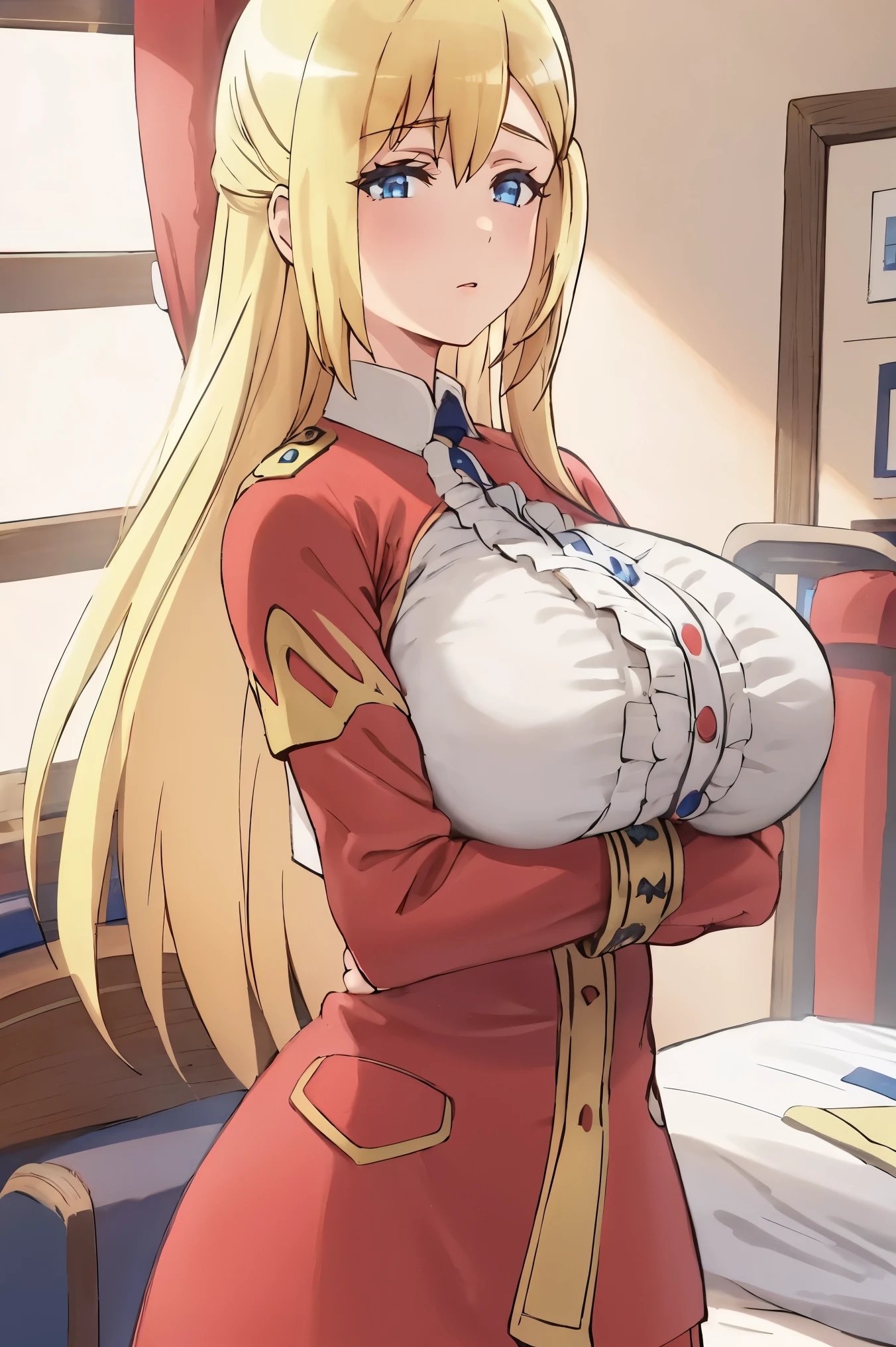 Huge tits , best quality, (((red uniform))), (masterpiece:1.2), highly detailed, (((blue eyes, upperbody))), ((()), 1girl,open eyes, , bedroom,  long hair, indoor, room, close up, blonde hair, 