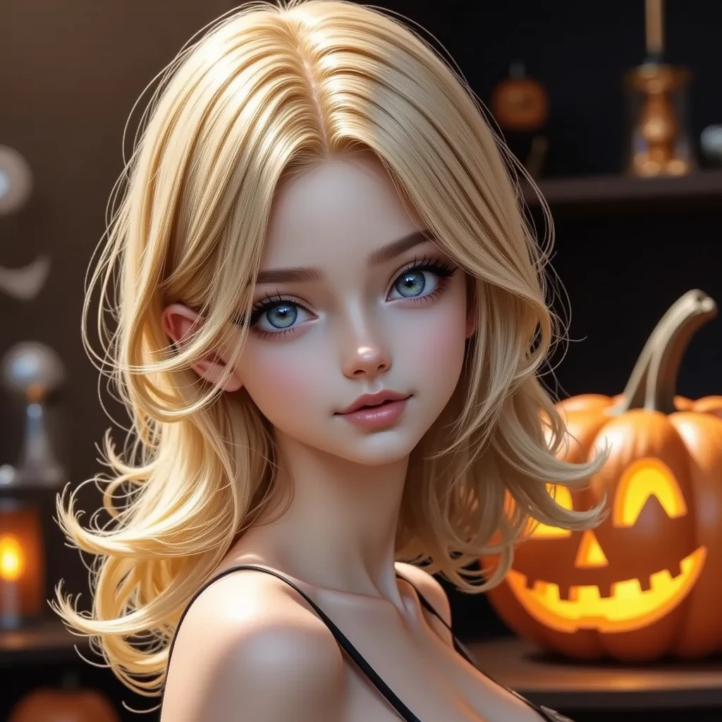 （avatar style、Illustration:1.3）、 Cozy Halloween Party、 Warm and Nostalgic Atmosphere 、 Jack O Lanterns 、Witch Hat、ghost、Flying Bats 、Detailed Food and Drink 、One girl、avatar style、(Best Quality、4K、8k、 High Resolution :1.2)、Super detailed、Vibrant colors、Warm lighting、Whimsical、magic、autumn、Pumpkin、Candles、 Cozy Decor 、(avatar style、wallpaper)、