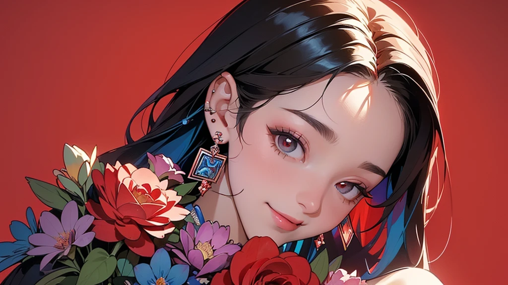 the is in a red top and is making kissy faces, 1girl, solo, one eye closed, jewelry, hairband, ponytail, black hair, heart, looking at viewer, black eyes, long hair, earrings, crop top, midriff, red shirt