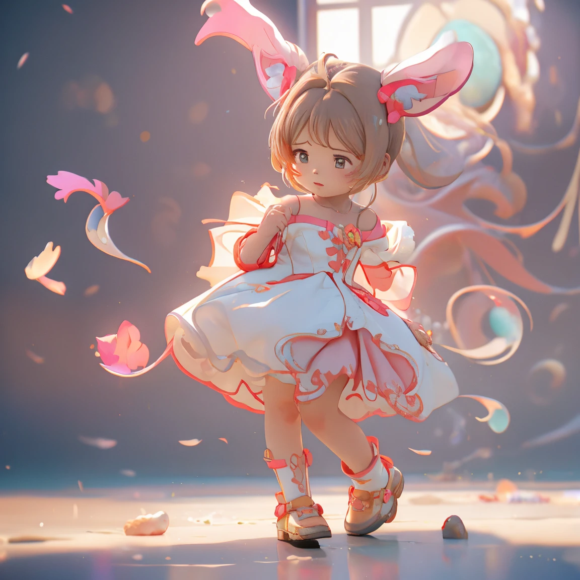 White gradient background，（in a panoramic view：1.2，full bodyesbian：1.2），1个Giant Breast Girl，(small girl Full body :1.7) anatomy correct，Rabbit-shaped headdress，short detailed hair，ssmile，Rabbit smooth white tight clothes，(shiny red one-piece clothes :1.2) , strappy sandals ,Beautiful and detailed HEELS , perfectly proportions，extremelydetailedface，（Best quality at best，high detal，tmasterpiece，offcial art，movie light effect，4K）