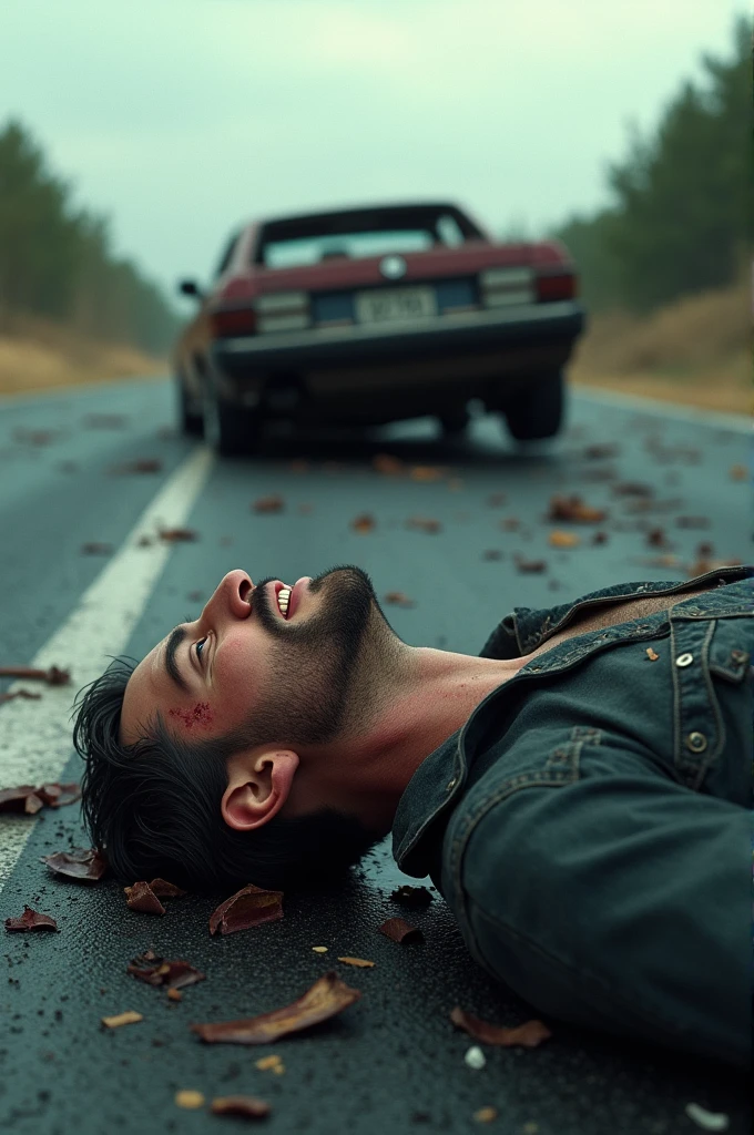 realistic image, in 8k, of a dead man with short black hair, dressed in a light blue button-up blouse, jeans, lying on the roof of a car completely crumpled, dead and covered in blood