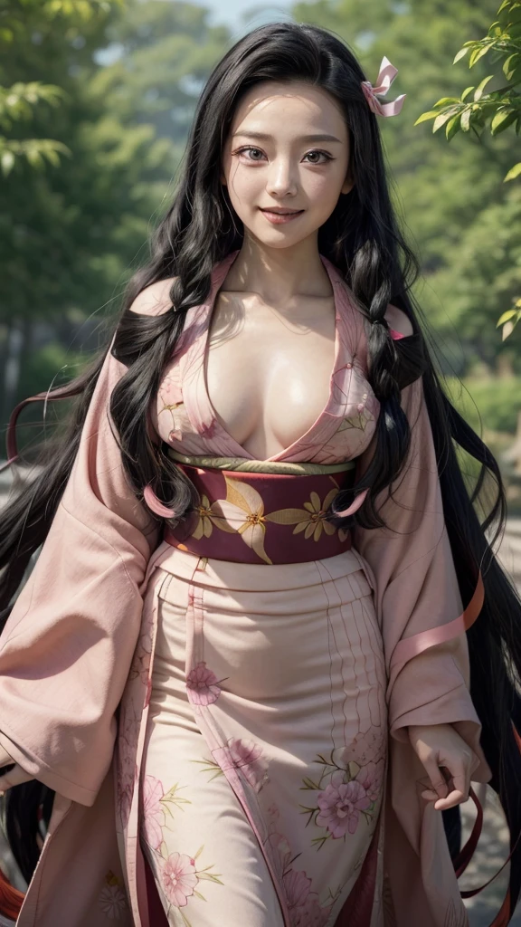 (((masterpiece))), (((hight resolution))), (((professional lighting))), Nezuko, (1girl, Ultra-realistic photo of Nezuko Kamado, a very beautiful woman, bright pink eyes, (((expression of shame, blushed face))), long black hair and orange hair tips, (((Japanese clothes, pink kimono, not wearing anything))), Nezuko, (ultra giant breasts, huge breasts that are about to explode, showing beautiful pointy breasts, huge breasts sticking out of her clothes), (based on the Demon Slayer kimetsu no yaiba), clean and detailed anime art, professional art, perfect detail, Professional photos taken up close, (((seductive pose))),